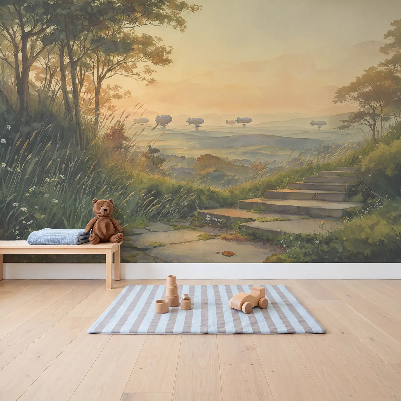 Vintage Airship Mooring Tower Wallpaper Mural in playroom setting by Whimsy Tots