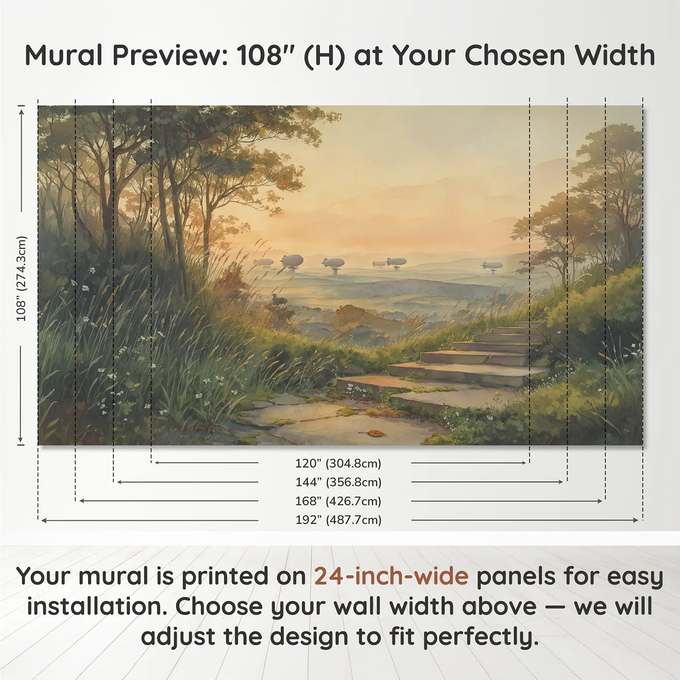 Panel layout and dimensions for Vintage Airship Mooring Tower Wallpaper Mural by Whimsy Tots
