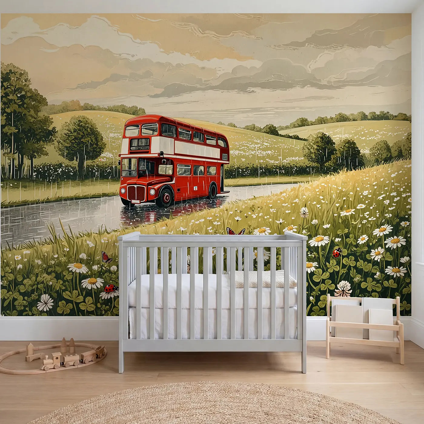 Block print double-decker bus rainy city wallpaper mural for nursery by Whimsy Tots