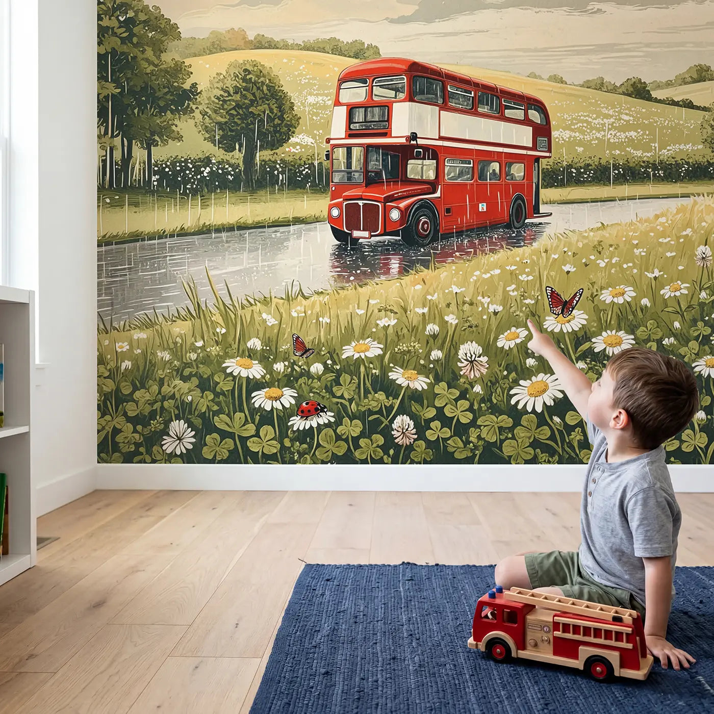 Child in nursery with Doubledecker Bus Rainy Scene Wallpaper Mural by Whimsy Tots