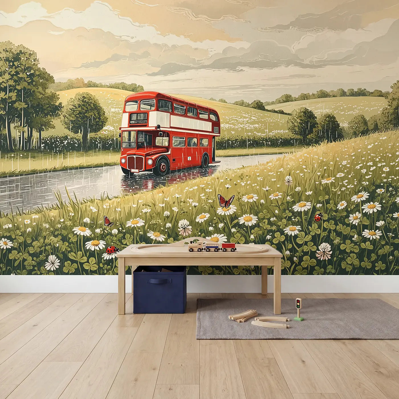 Doubledecker Bus Rainy Scene Wallpaper Mural in playroom setting by Whimsy Tots