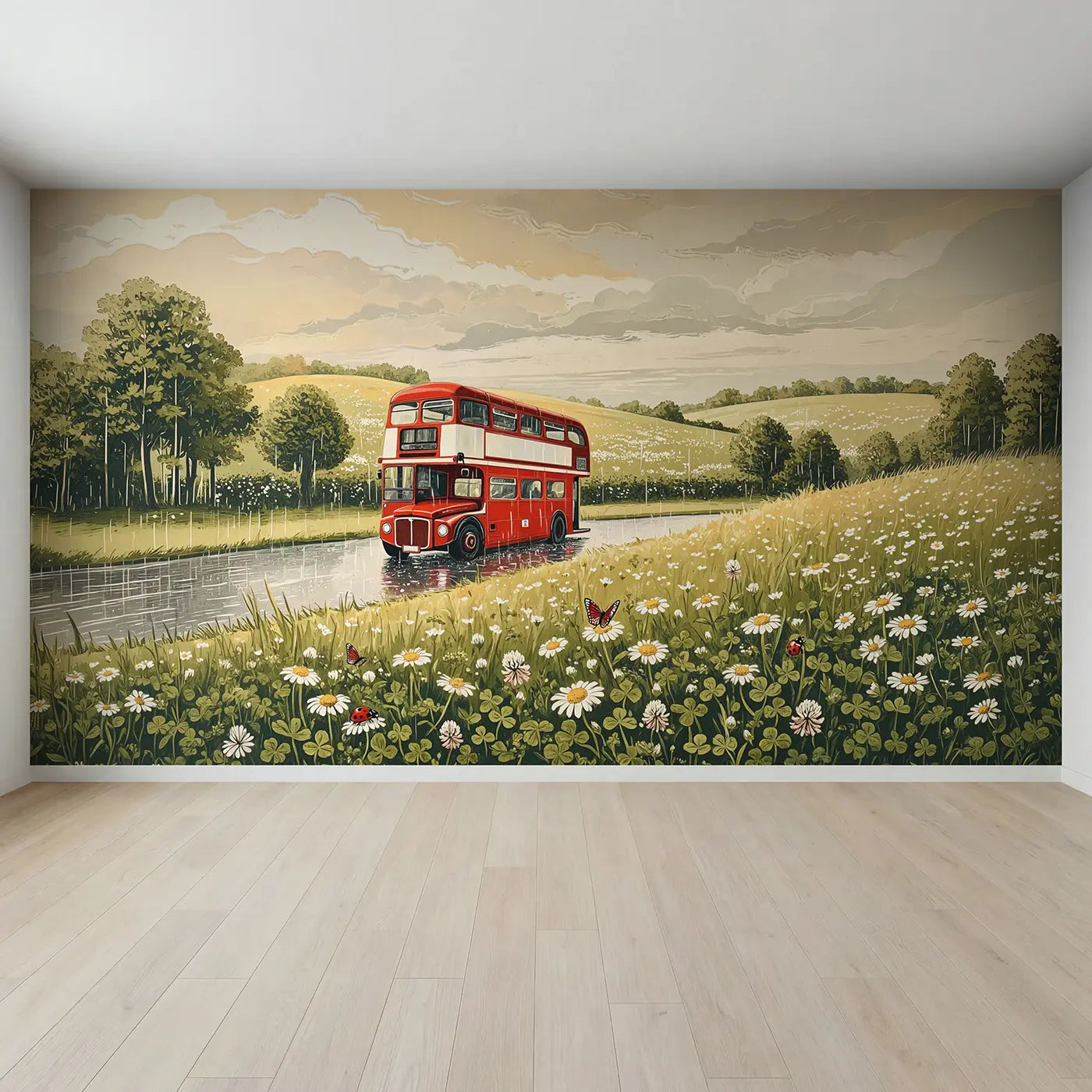 Full view of Doubledecker Bus Rainy Scene Wallpaper Mural by Whimsy Tots