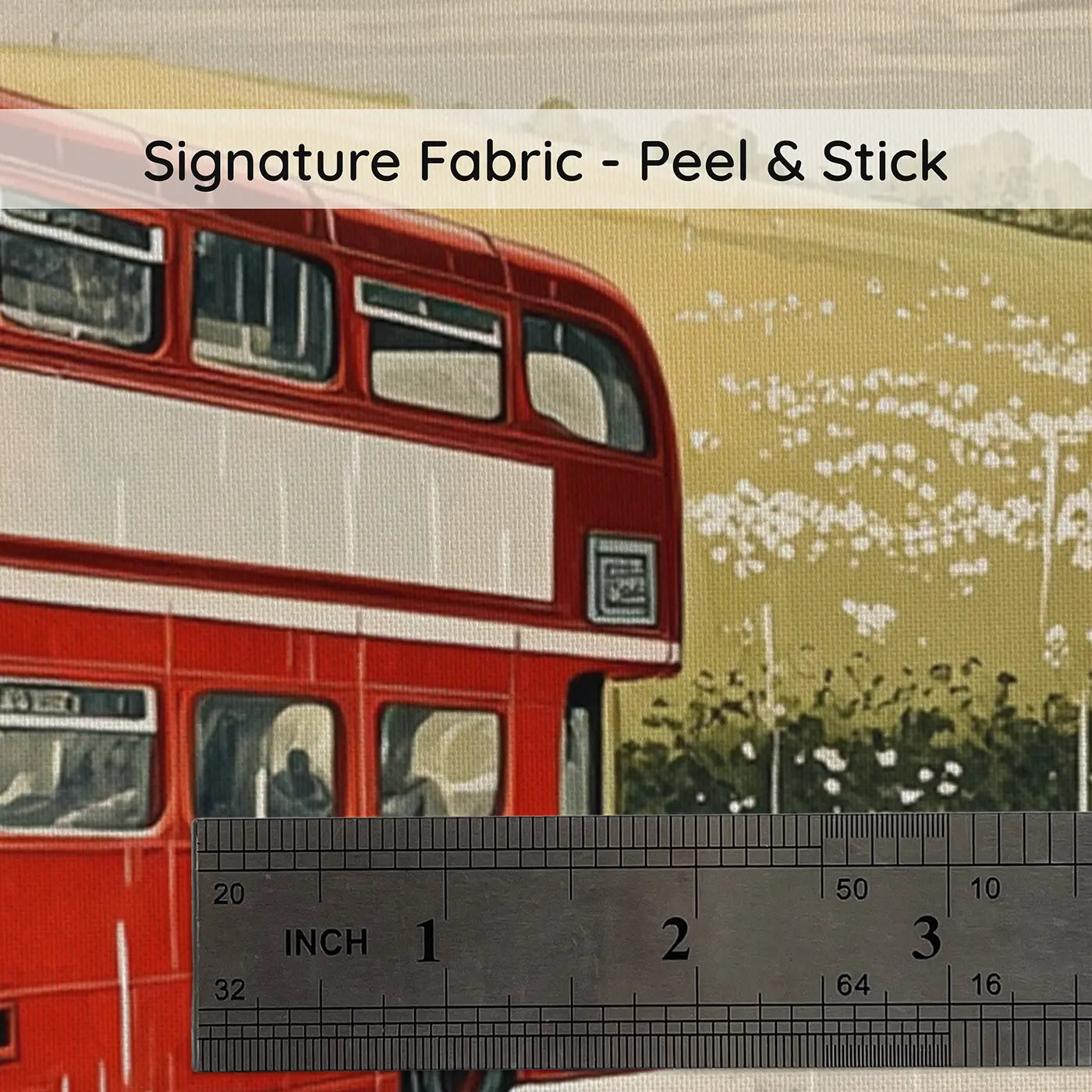 Fabric texture close-up of Doubledecker Bus Rainy Scene Wallpaper Mural by Whimsy Tots