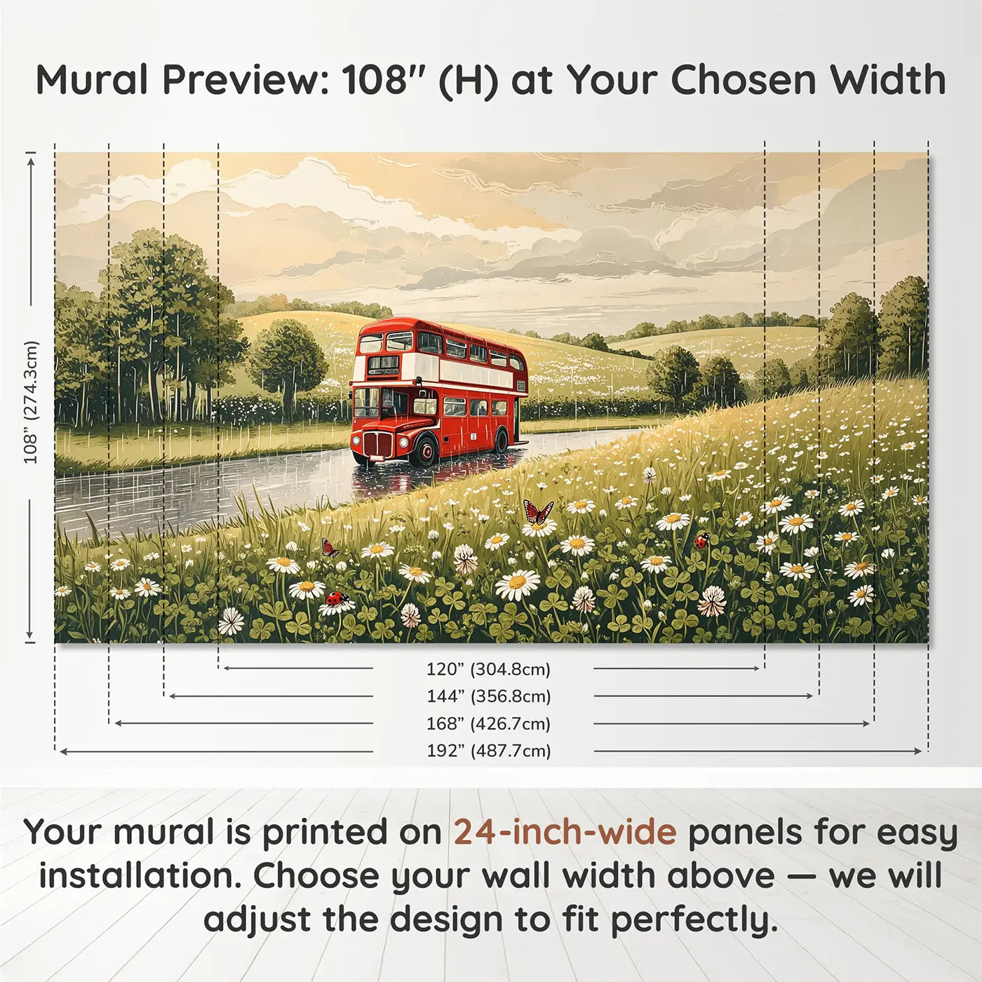 Panel layout and dimensions for Doubledecker Bus Rainy Scene Wallpaper Mural by Whimsy Tots