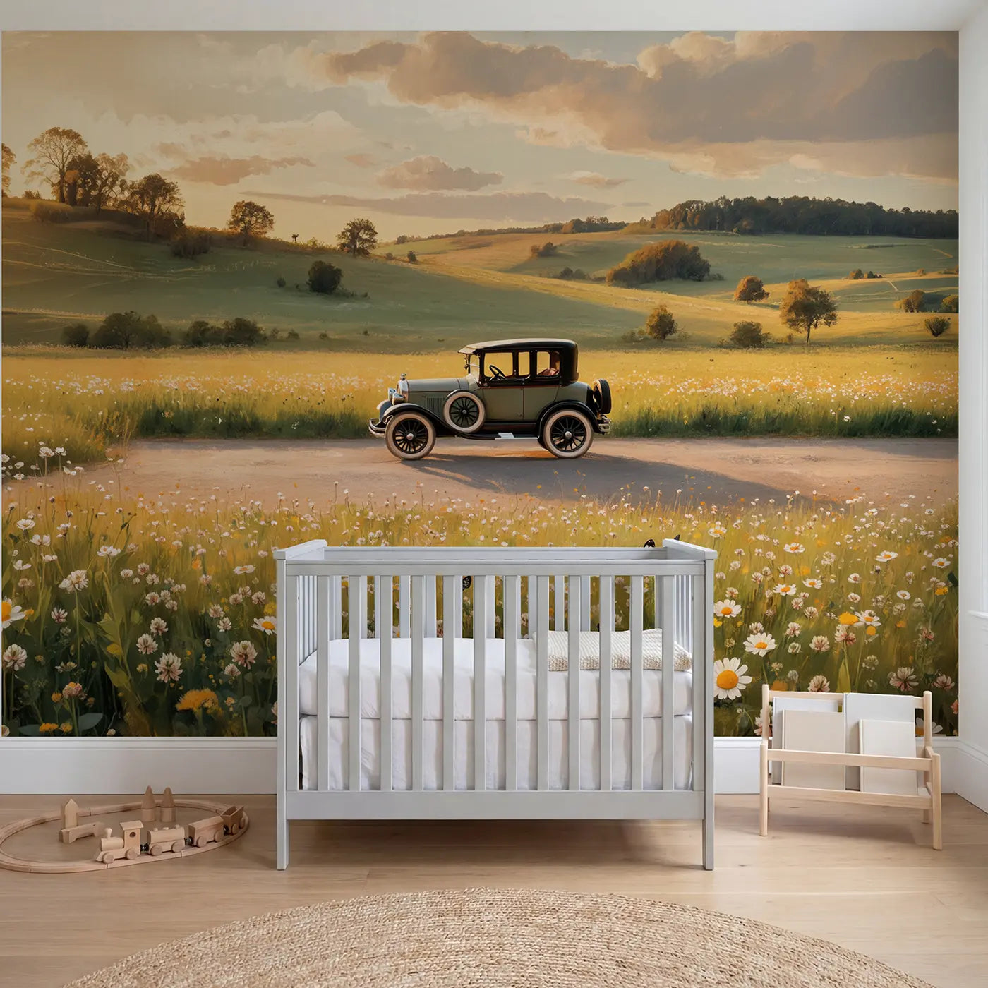 pastel model car dusty road vintage wallpaper mural for boys room by Whimsy Tots