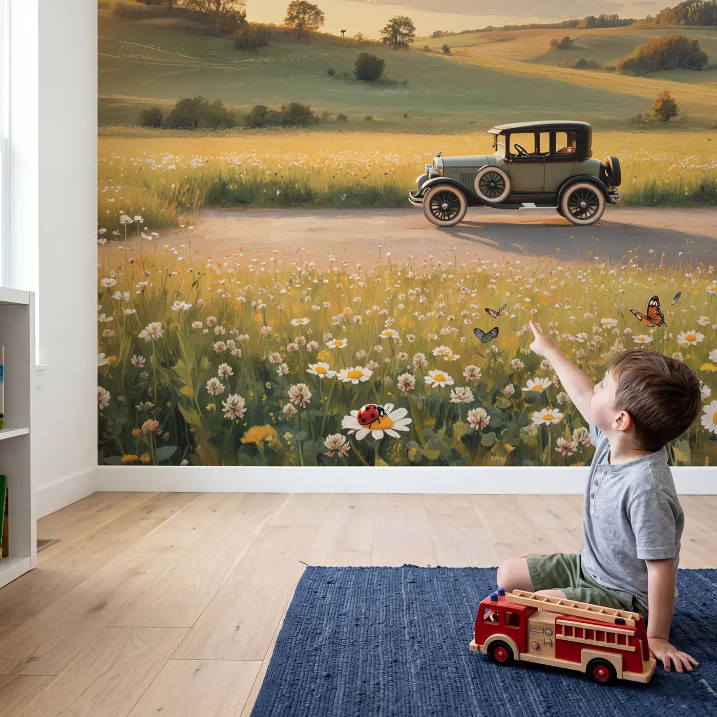 Child in nursery with Model Car Dusty Road Wallpaper Mural by Whimsy Tots