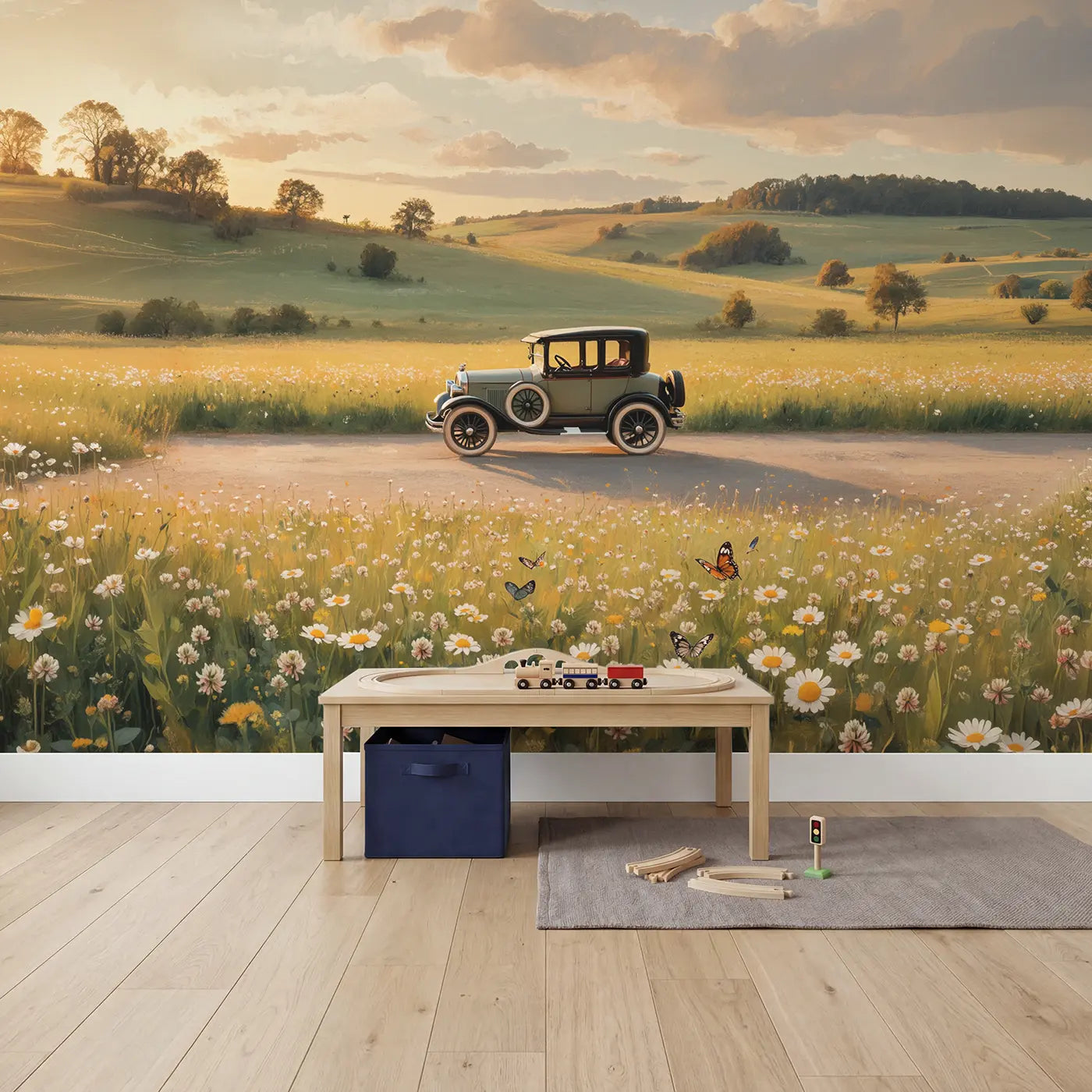 Model Car Dusty Road Wallpaper Mural in playroom setting by Whimsy Tots