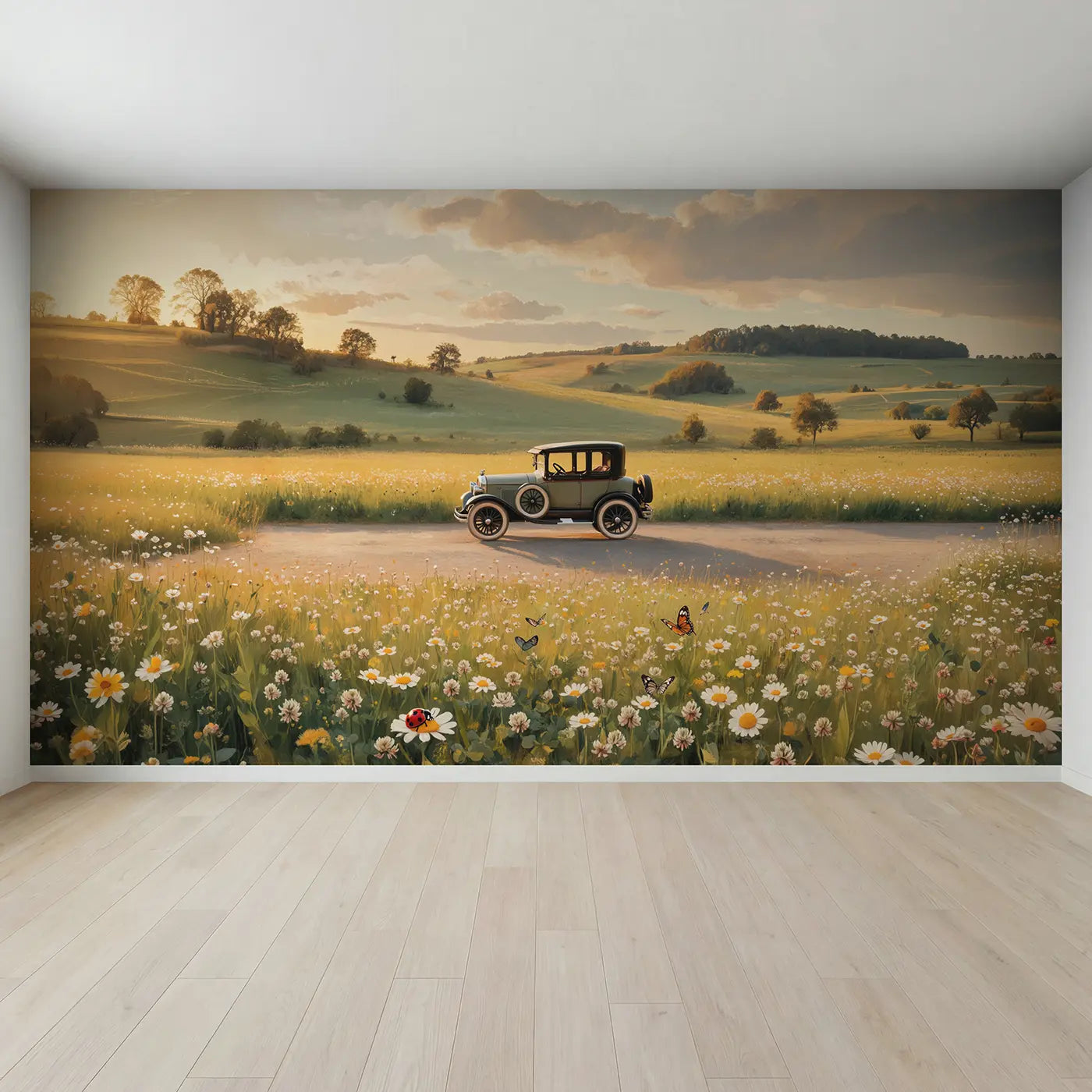 Full view of Model Car Dusty Road Wallpaper Mural by Whimsy Tots