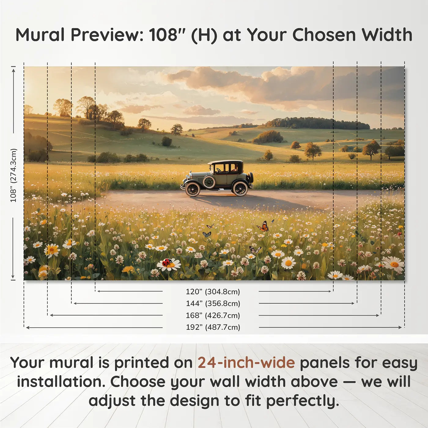Panel layout and dimensions for Model Car Dusty Road Wallpaper Mural by Whimsy Tots