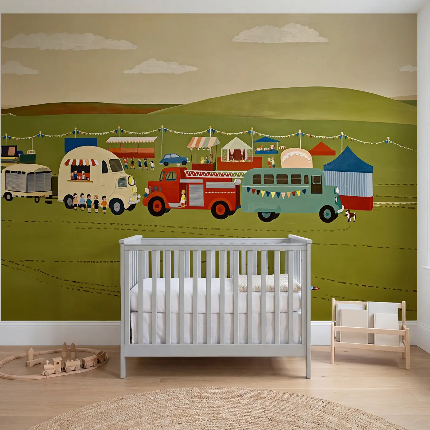 modern illustration vintage vehicles fair day wallpaper mural for boys nursery by Whimsy Tots