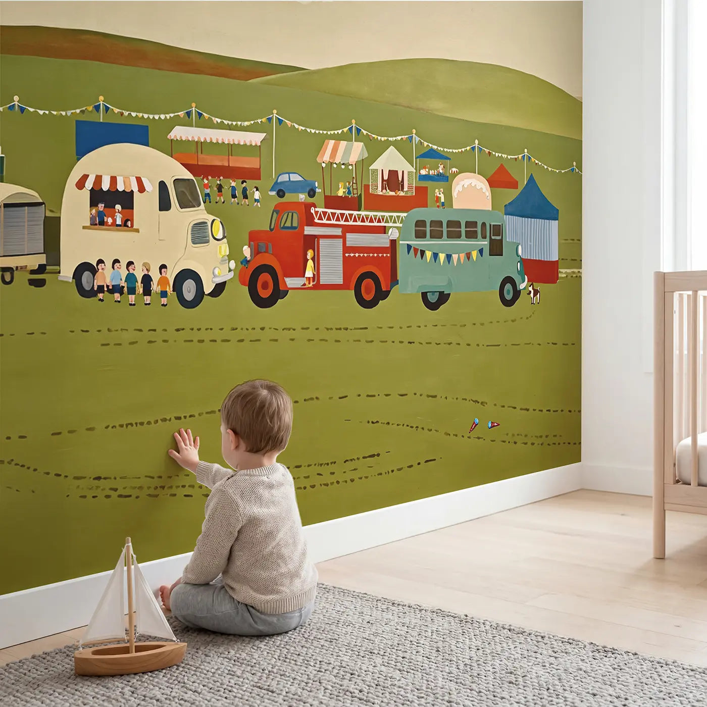Child in nursery with Vintage Vehicles Fair Day Wallpaper Mural by Whimsy Tots