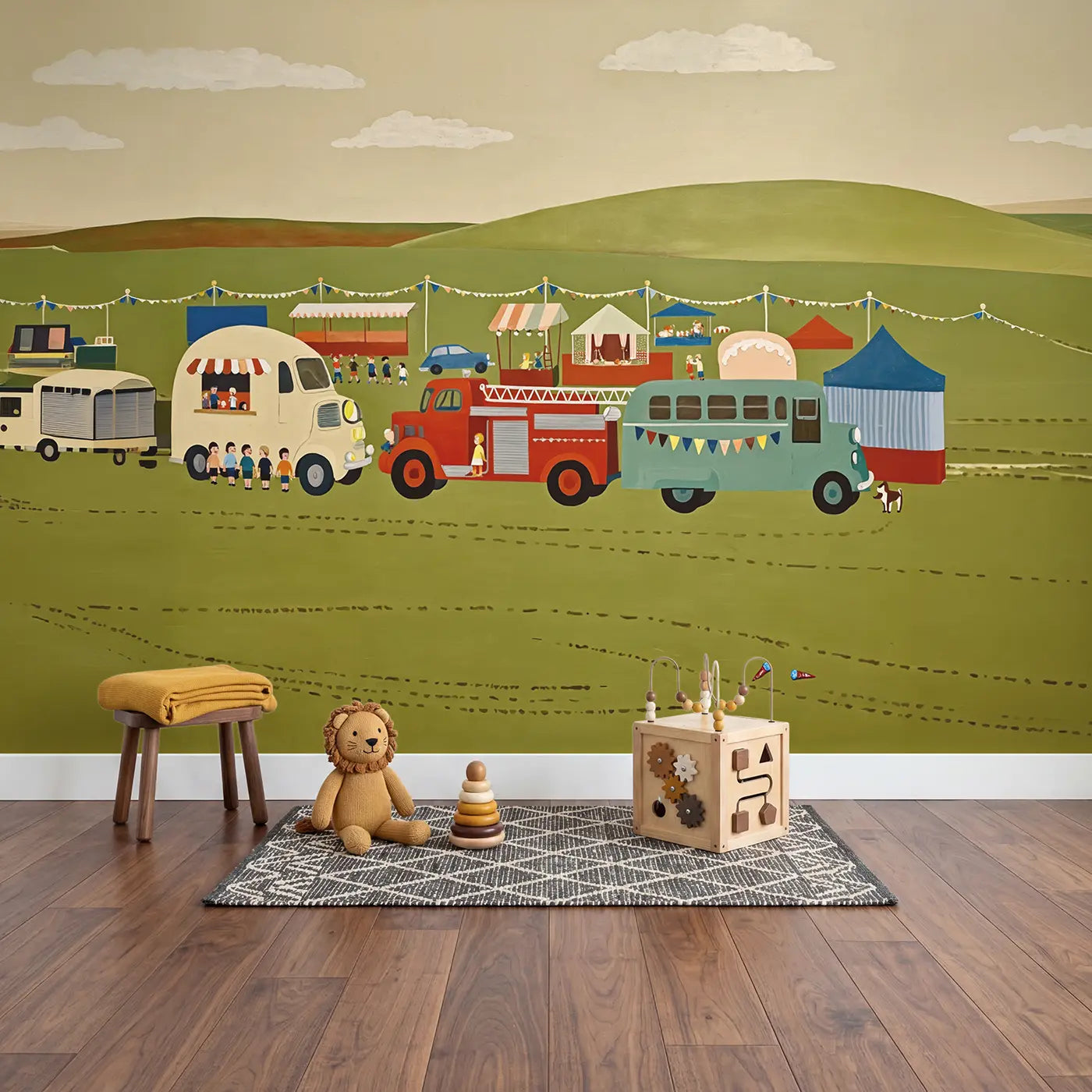 Vintage Vehicles Fair Day Wallpaper Mural in playroom setting by Whimsy Tots