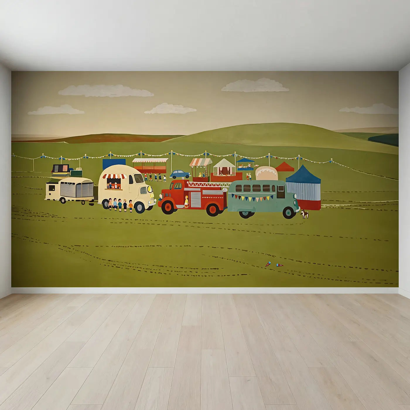 Full view of Vintage Vehicles Fair Day Wallpaper Mural by Whimsy Tots