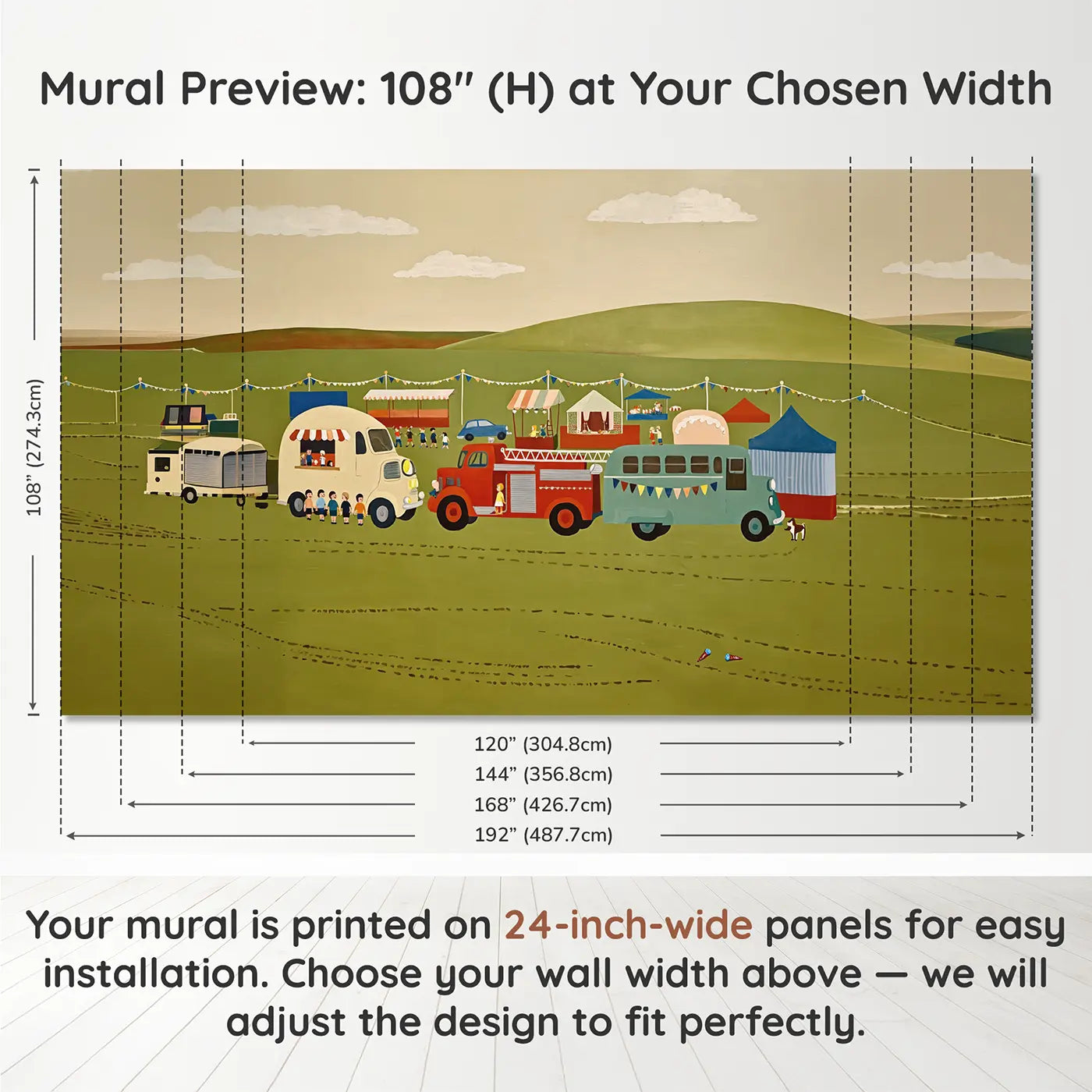 Panel layout and dimensions for Vintage Vehicles Fair Day Wallpaper Mural by Whimsy Tots