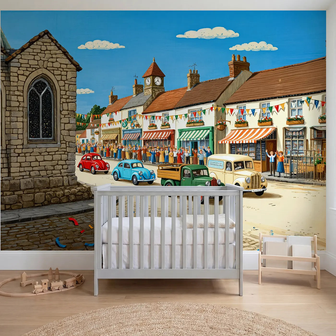 Block print vintage car village rally wallpaper mural for boys room by Whimsy Tots