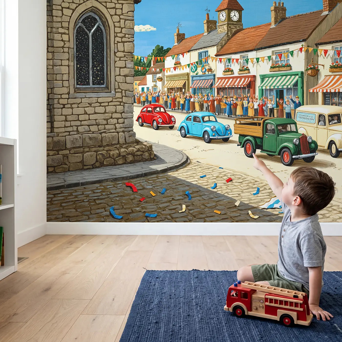 Child in nursery with Village Car Rally Wallpaper Mural by Whimsy Tots