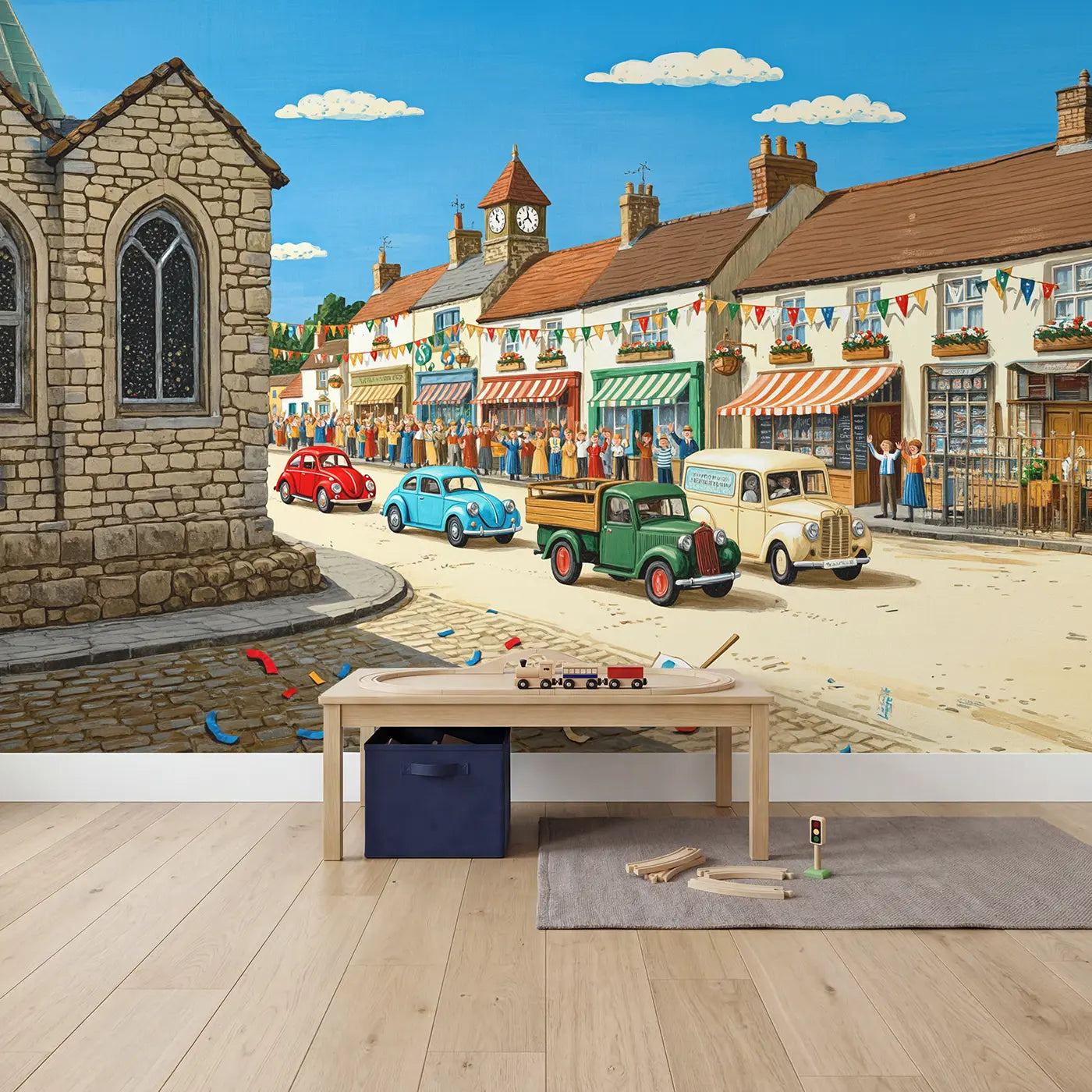 Village Car Rally Wallpaper Mural in playroom setting by Whimsy Tots