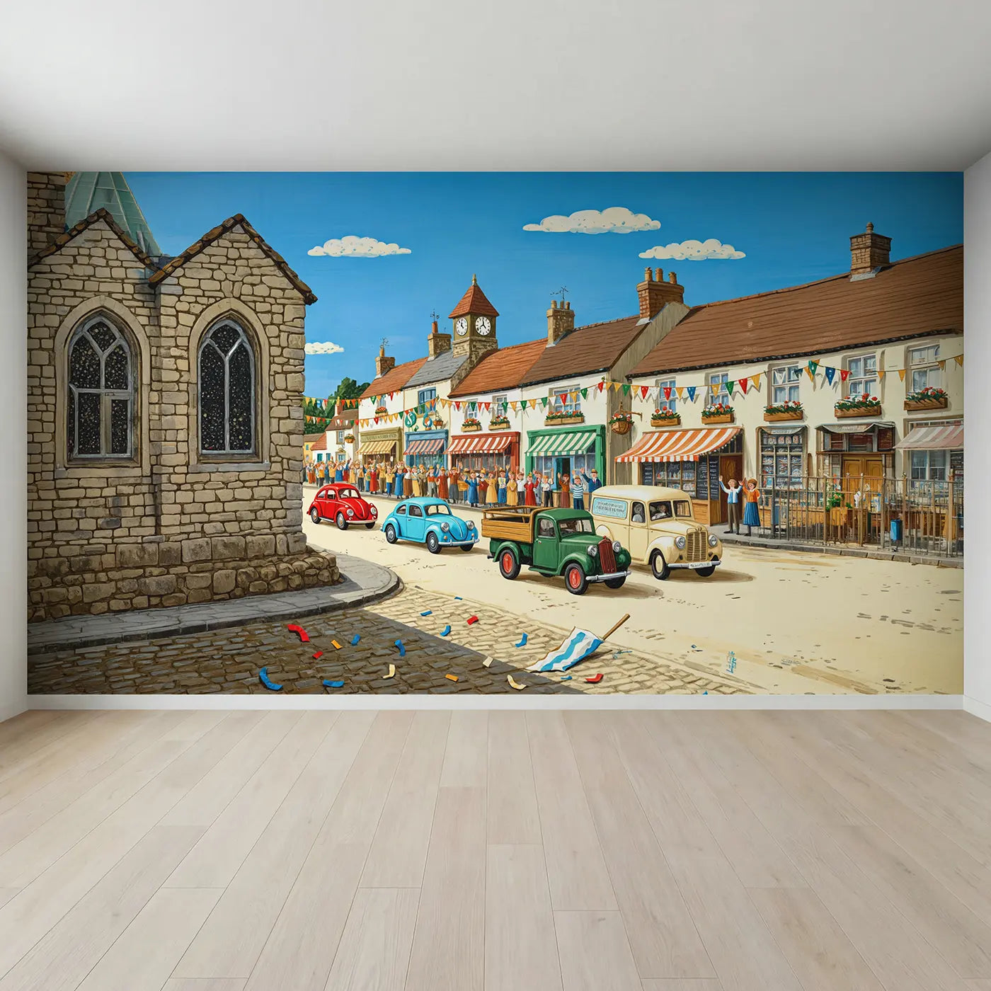 Full view of Village Car Rally Wallpaper Mural by Whimsy Tots