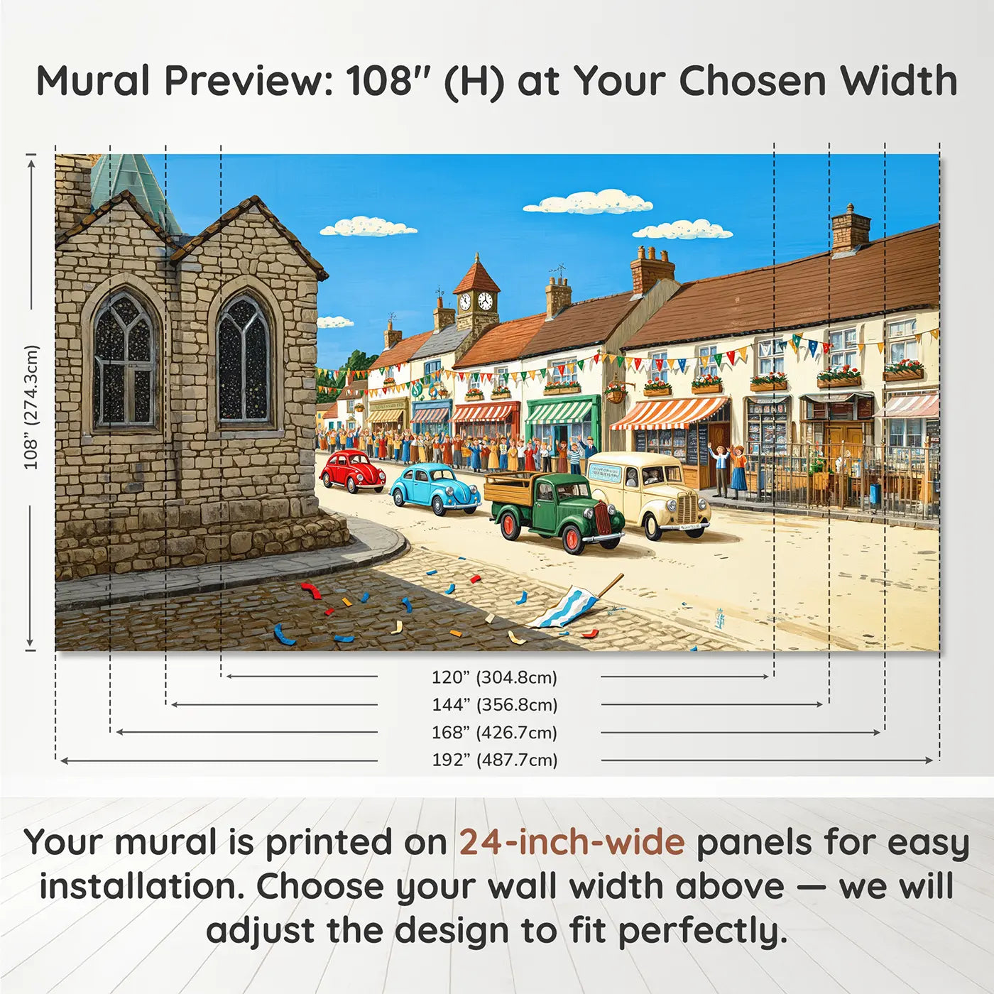 Panel layout and dimensions for Village Car Rally Wallpaper Mural by Whimsy Tots