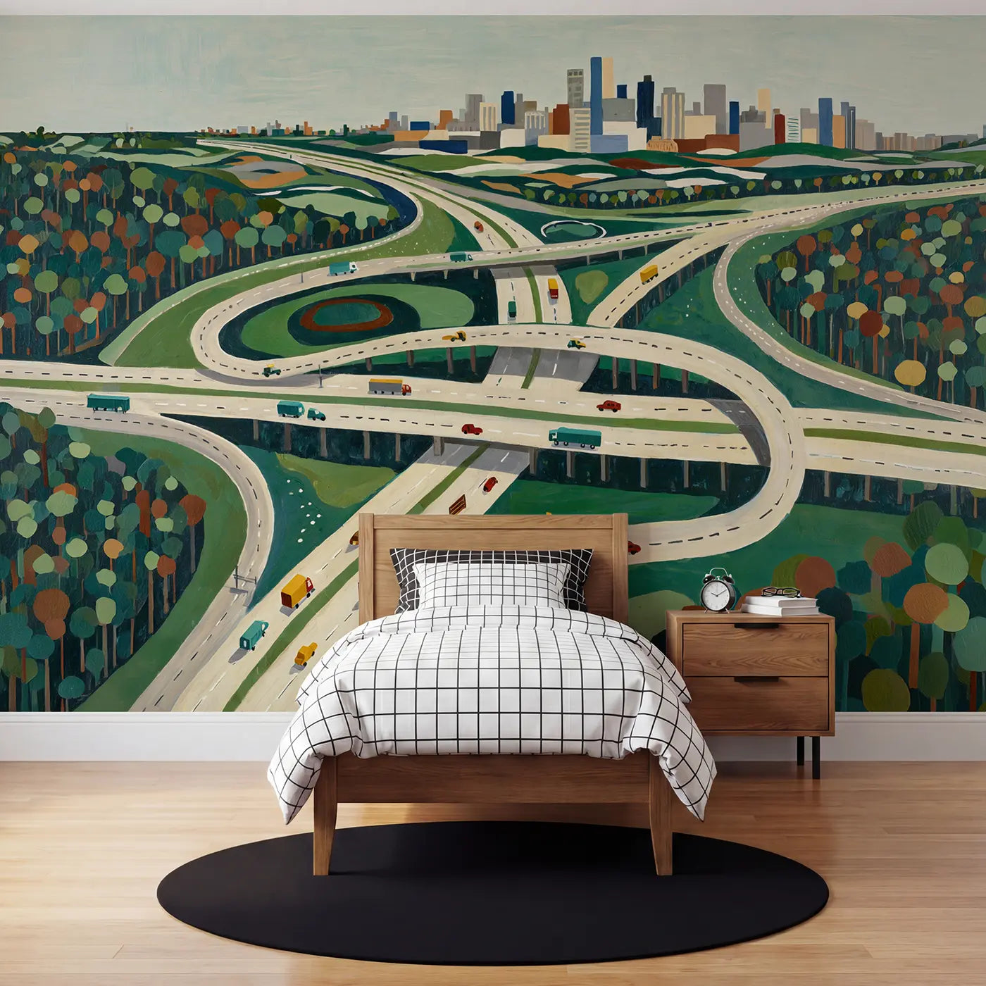 modern illustration aerial highway interchange wallpaper mural for kids room by Whimsy Tots