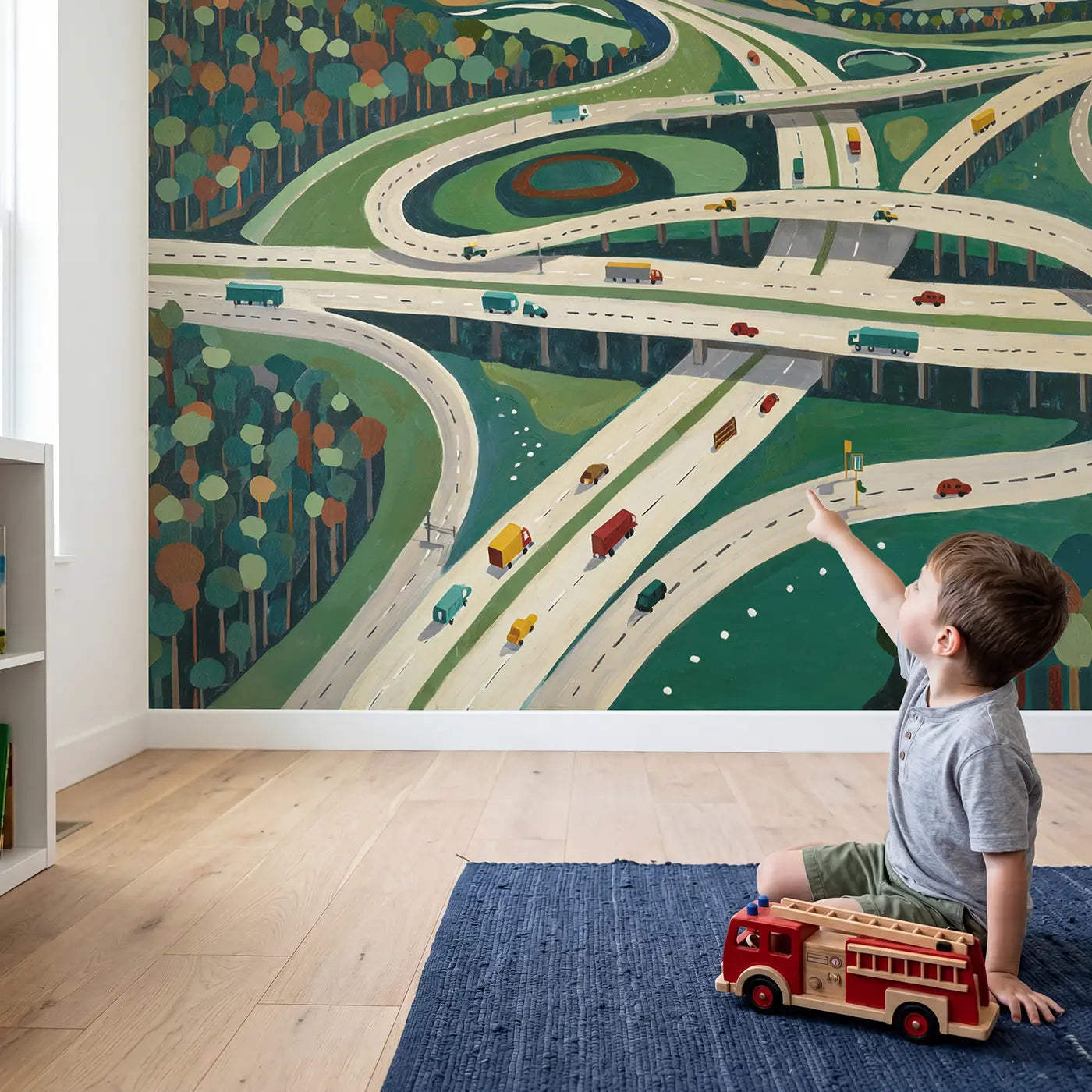 Child in nursery with Aerial Highway Interchange Wallpaper Mural by Whimsy Tots