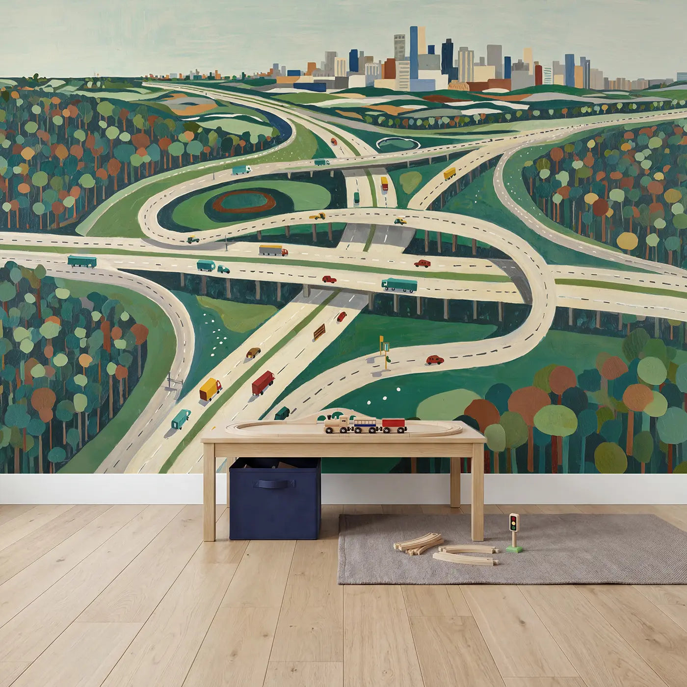 Aerial Highway Interchange Wallpaper Mural in playroom setting by Whimsy Tots