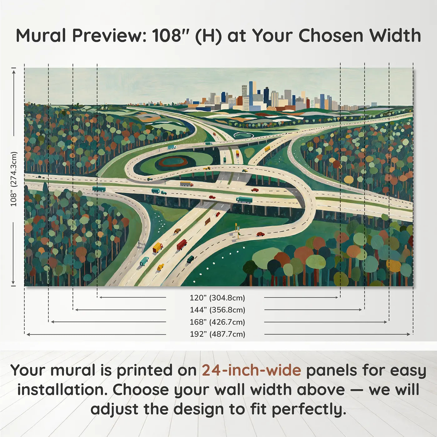 Panel layout and dimensions for Aerial Highway Interchange Wallpaper Mural by Whimsy Tots