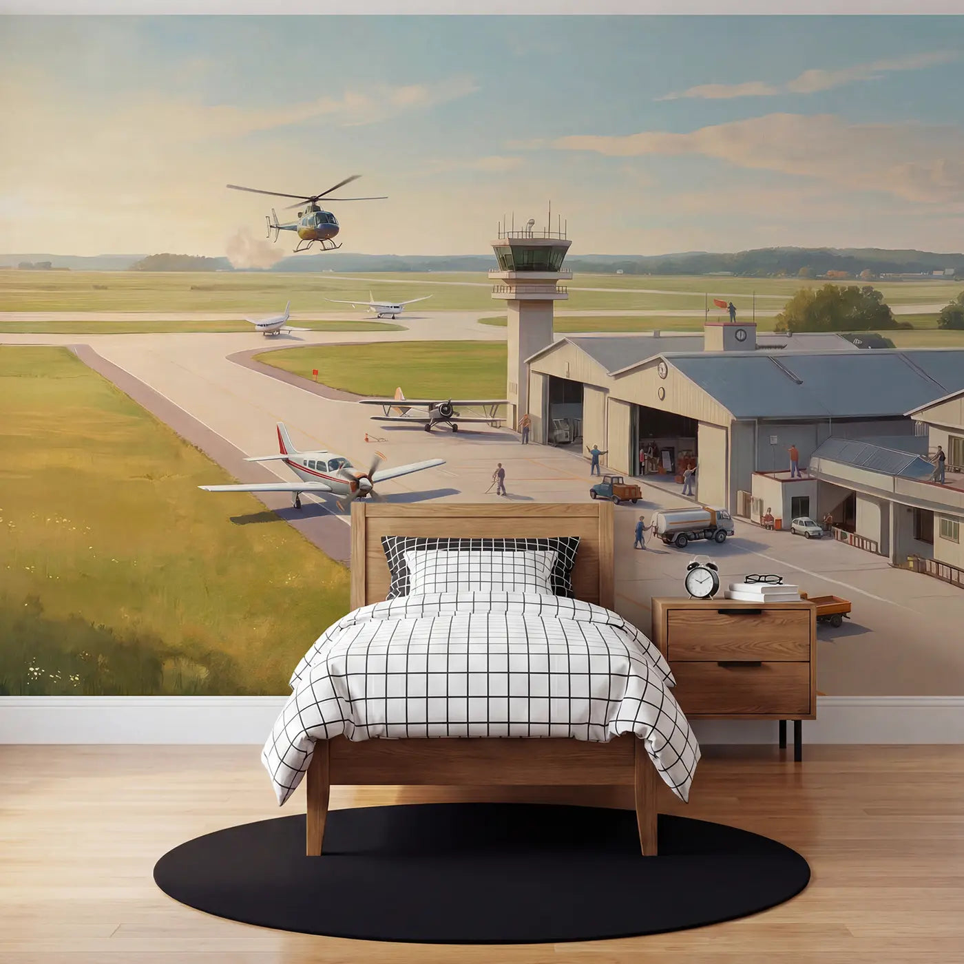 Soft pastel airport runway planes wallpaper mural for kids room by Whimsy Tots