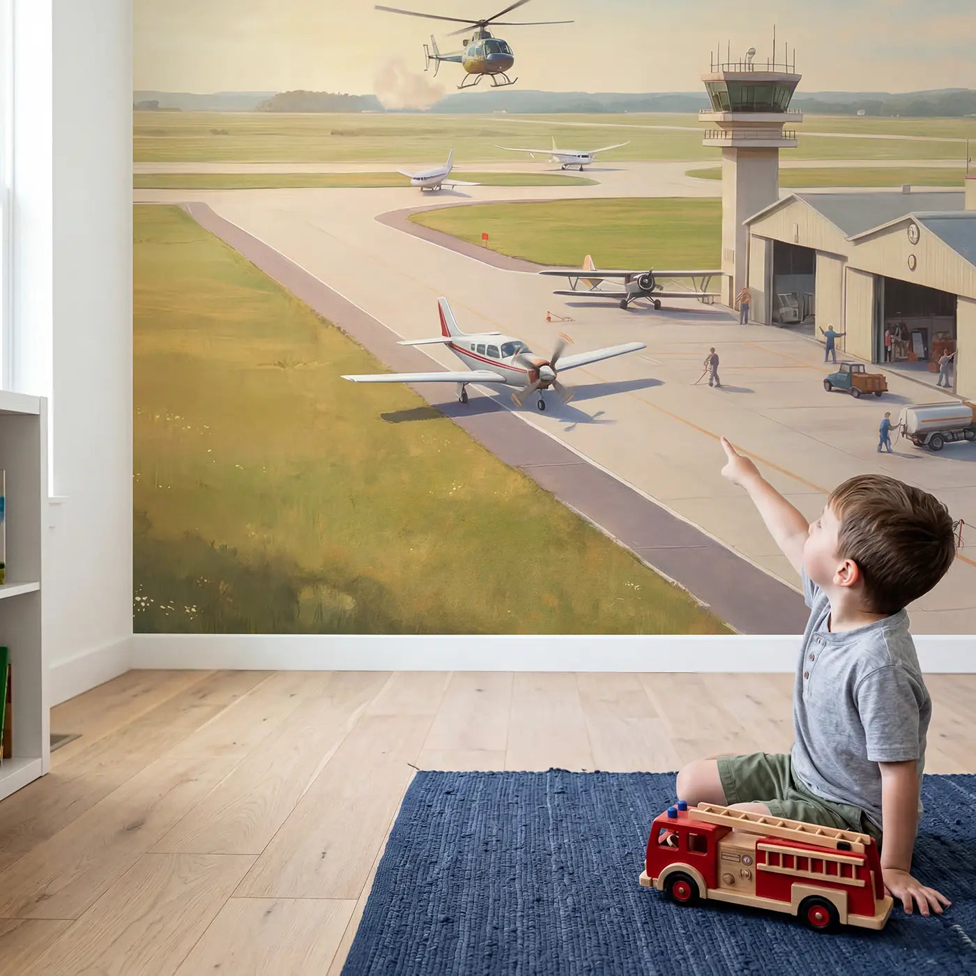 Child in nursery with Busy Small Airport Runway Wallpaper Mural by Whimsy Tots