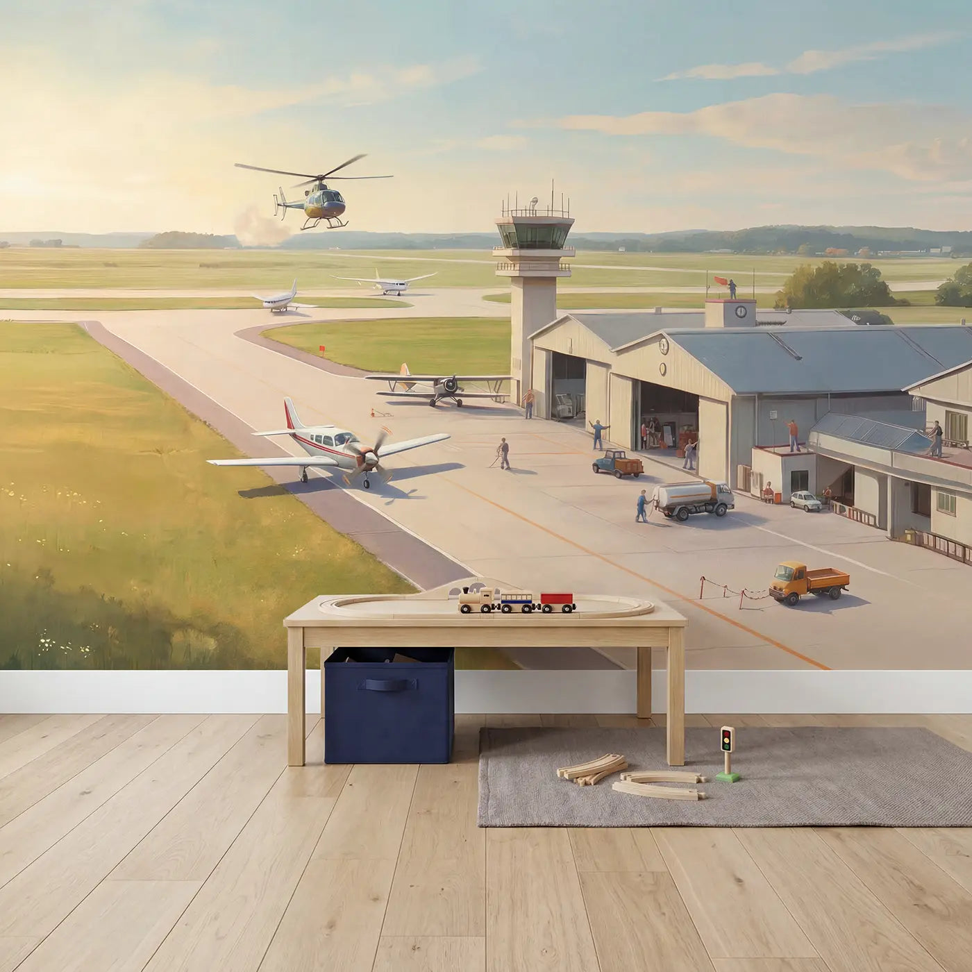 Busy Small Airport Runway Wallpaper Mural in playroom setting by Whimsy Tots