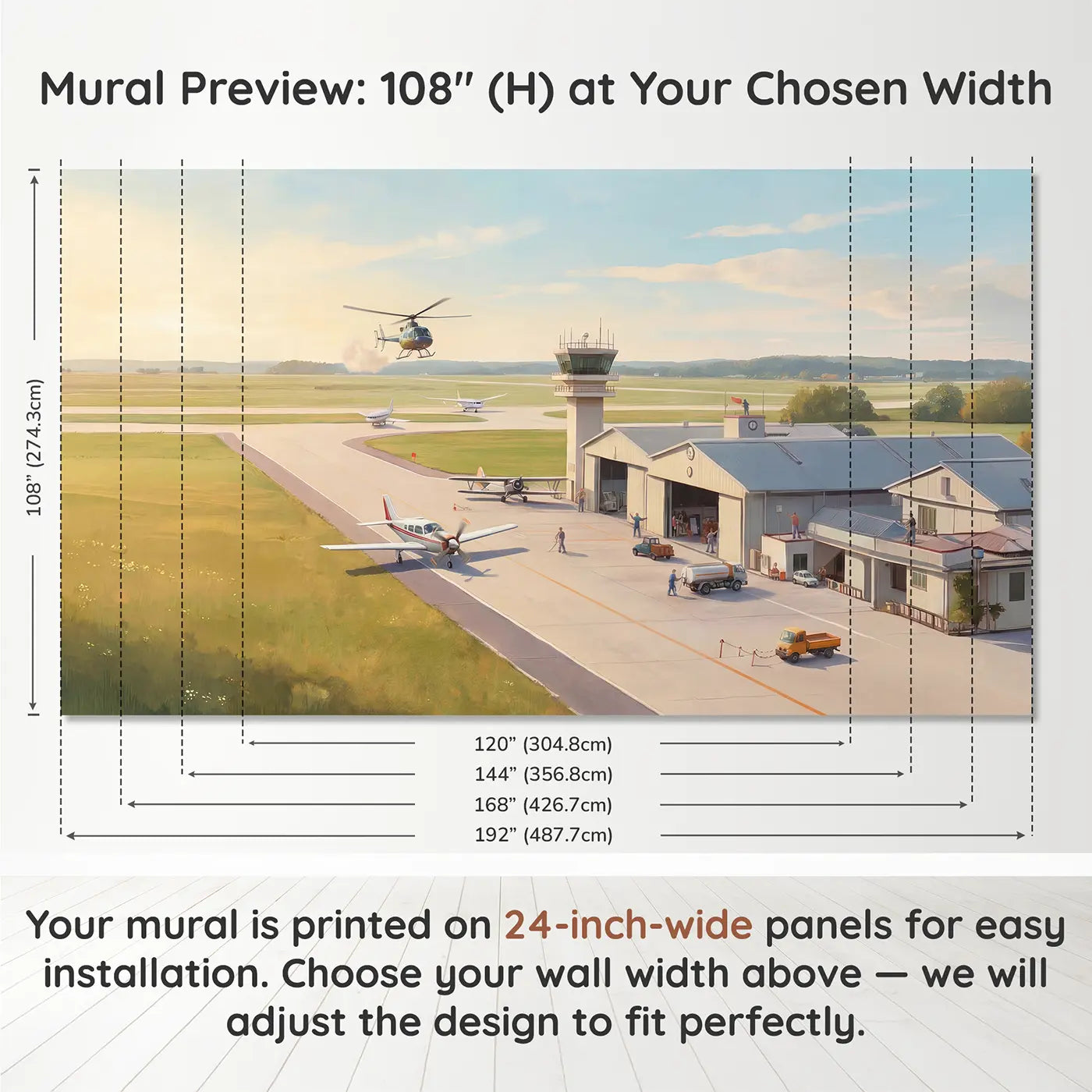 Panel layout and dimensions for Busy Small Airport Runway Wallpaper Mural by Whimsy Tots