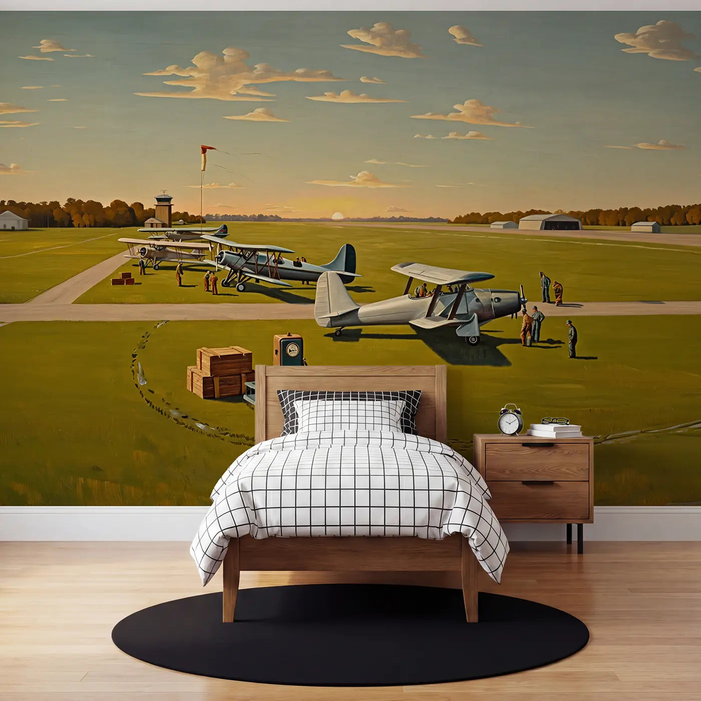 Modern illustration airplane vintage transport wallpaper mural for kids room by Whimsy Tots