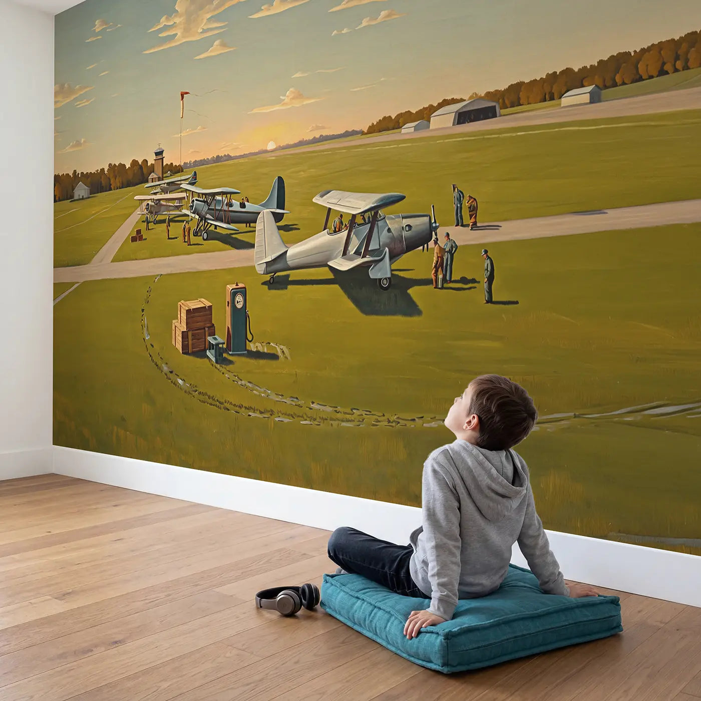 Child in nursery with Vintage Airport Planes Wallpaper Mural by Whimsy Tots