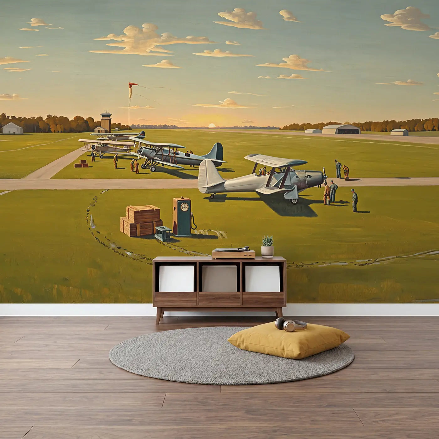 Vintage Airport Planes Wallpaper Mural in playroom setting by Whimsy Tots