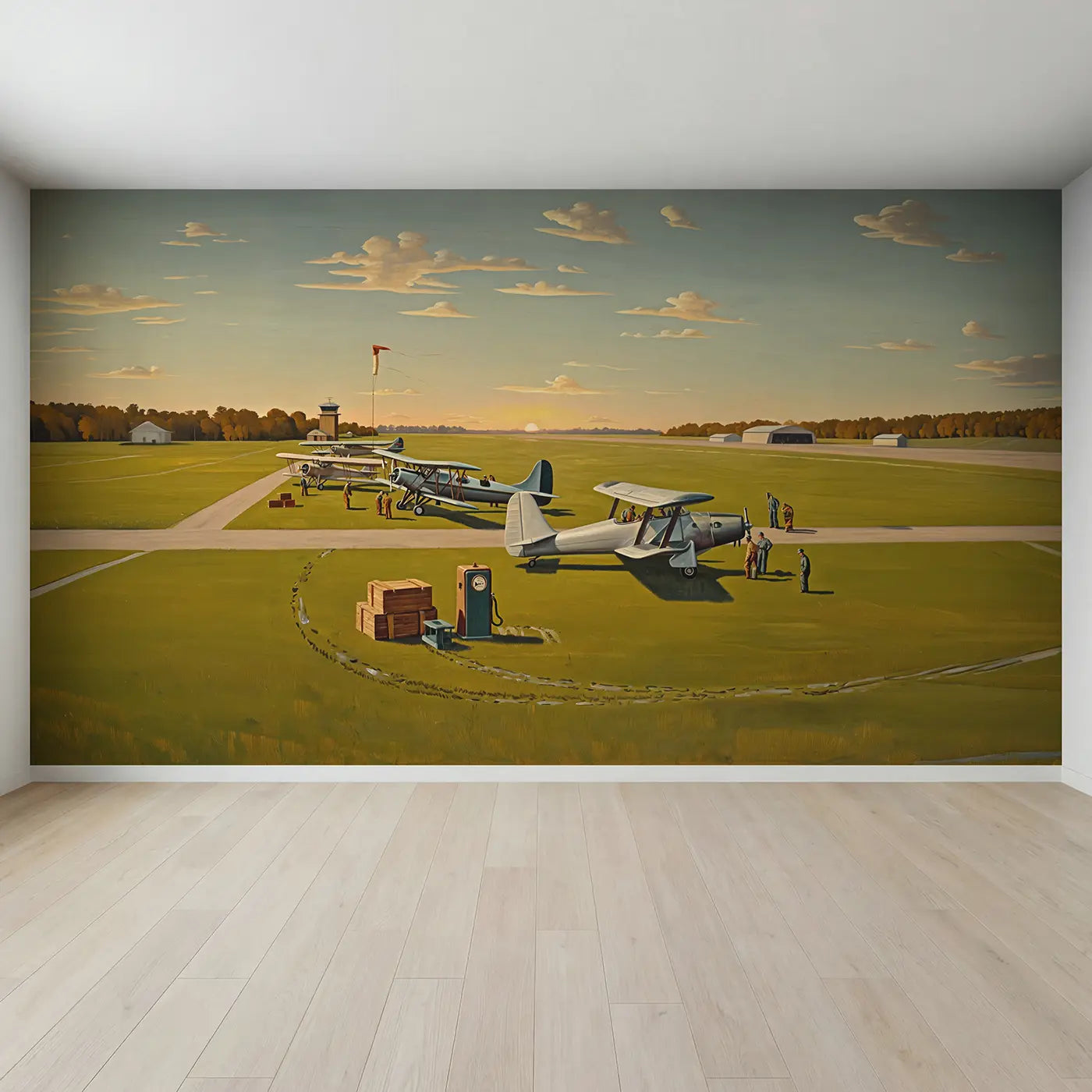 Full view of Vintage Airport Planes Wallpaper Mural by Whimsy Tots
