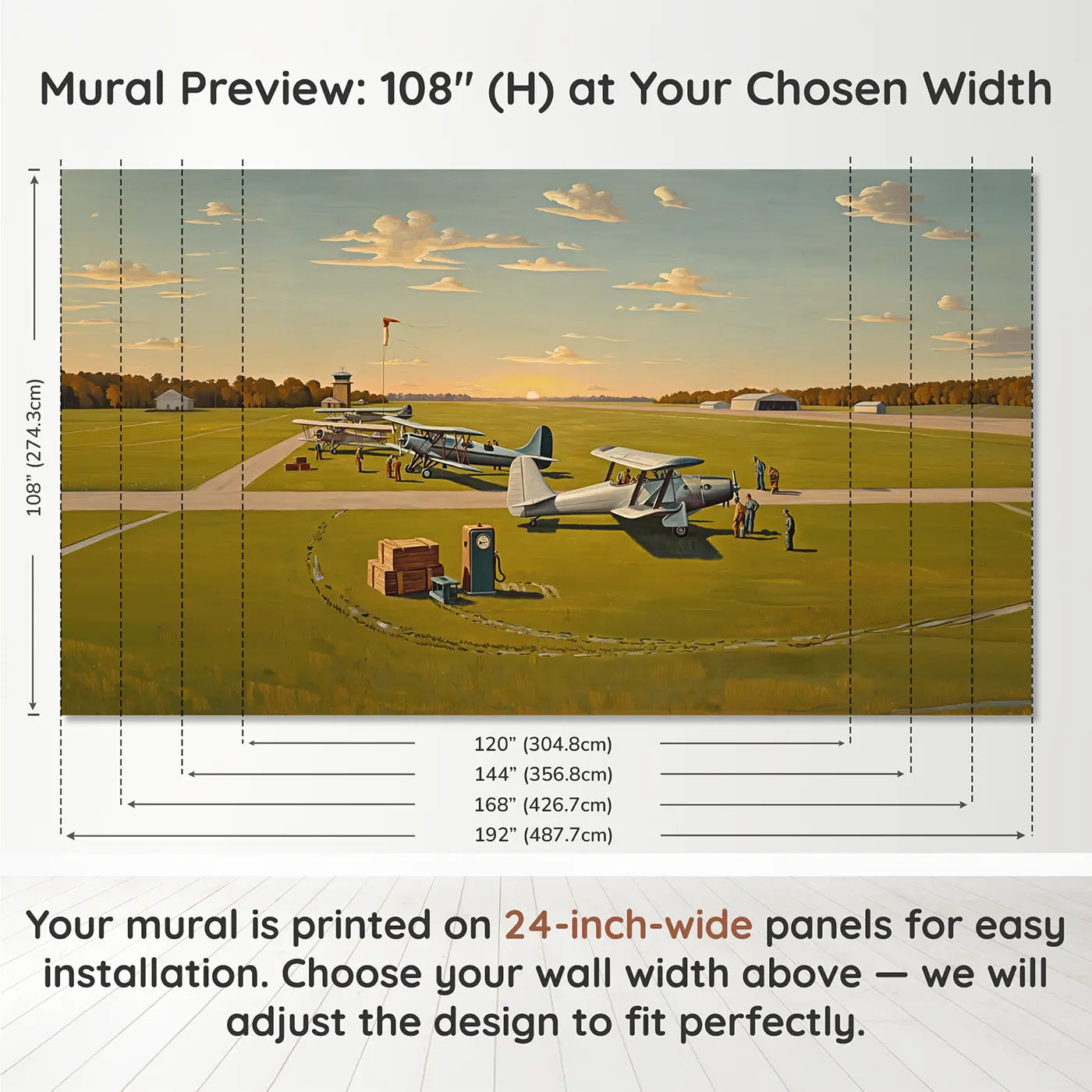Panel layout and dimensions for Vintage Airport Planes Wallpaper Mural by Whimsy Tots