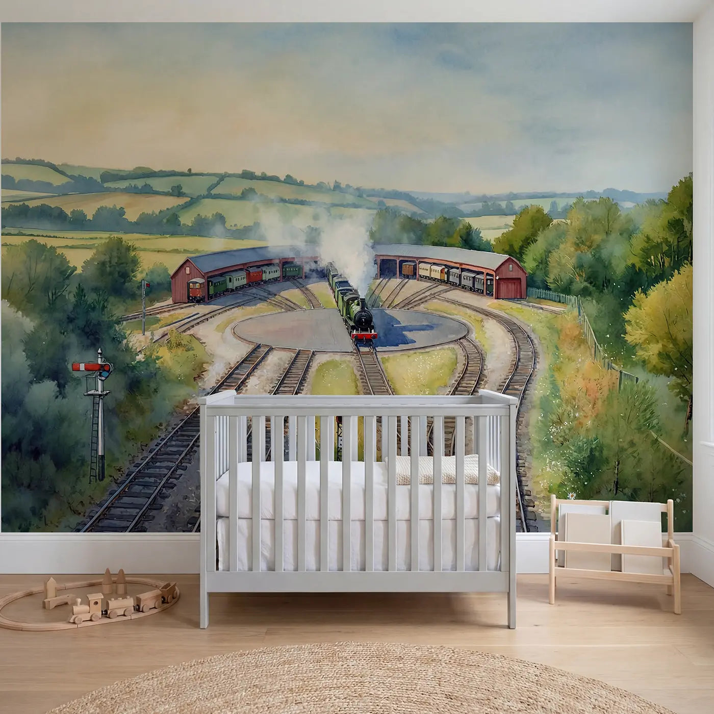 Watercolor railway roundhouse morning wallpaper mural for boys room by Whimsy Tots