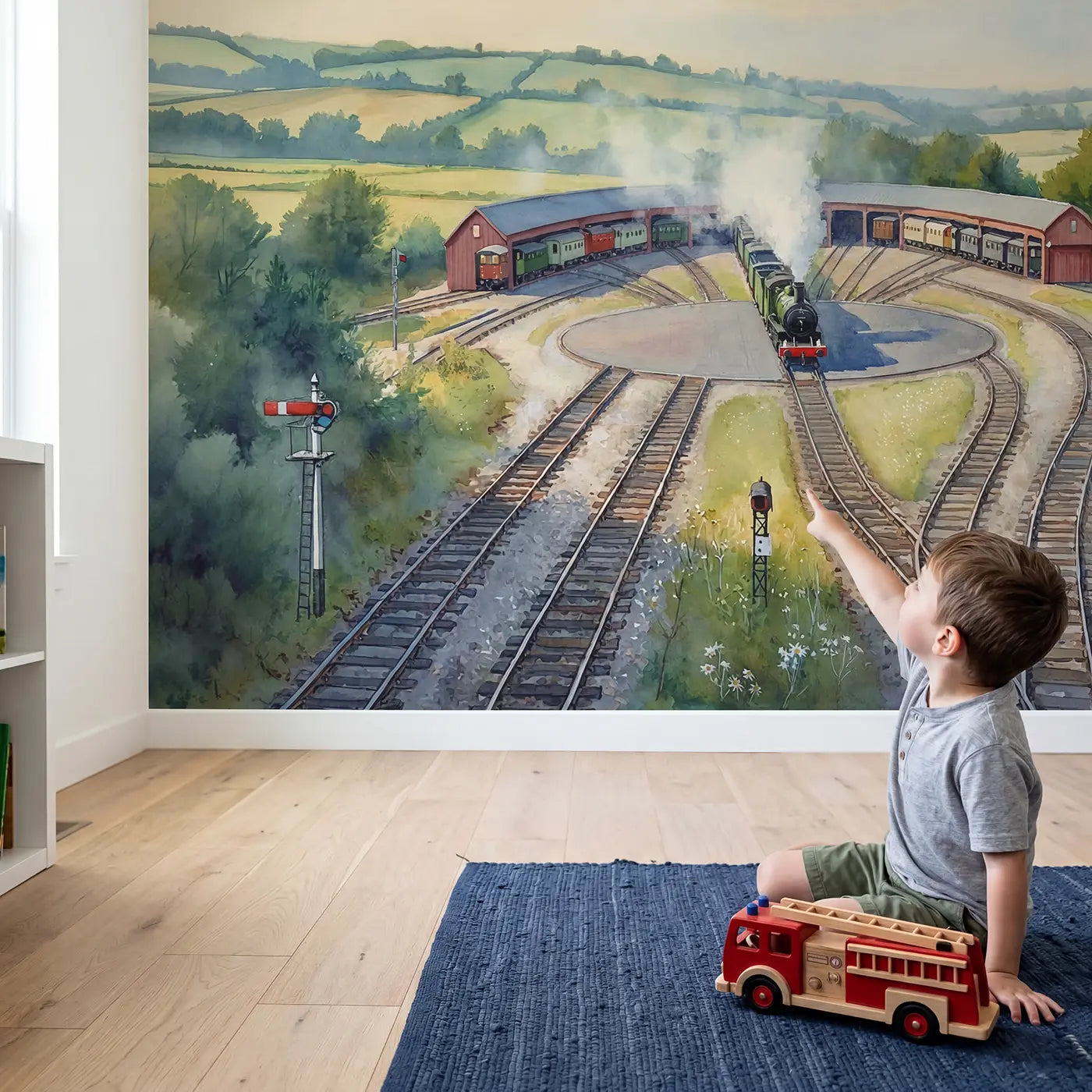 Child in nursery with Railway Roundhouse Morning Wallpaper Mural by Whimsy Tots