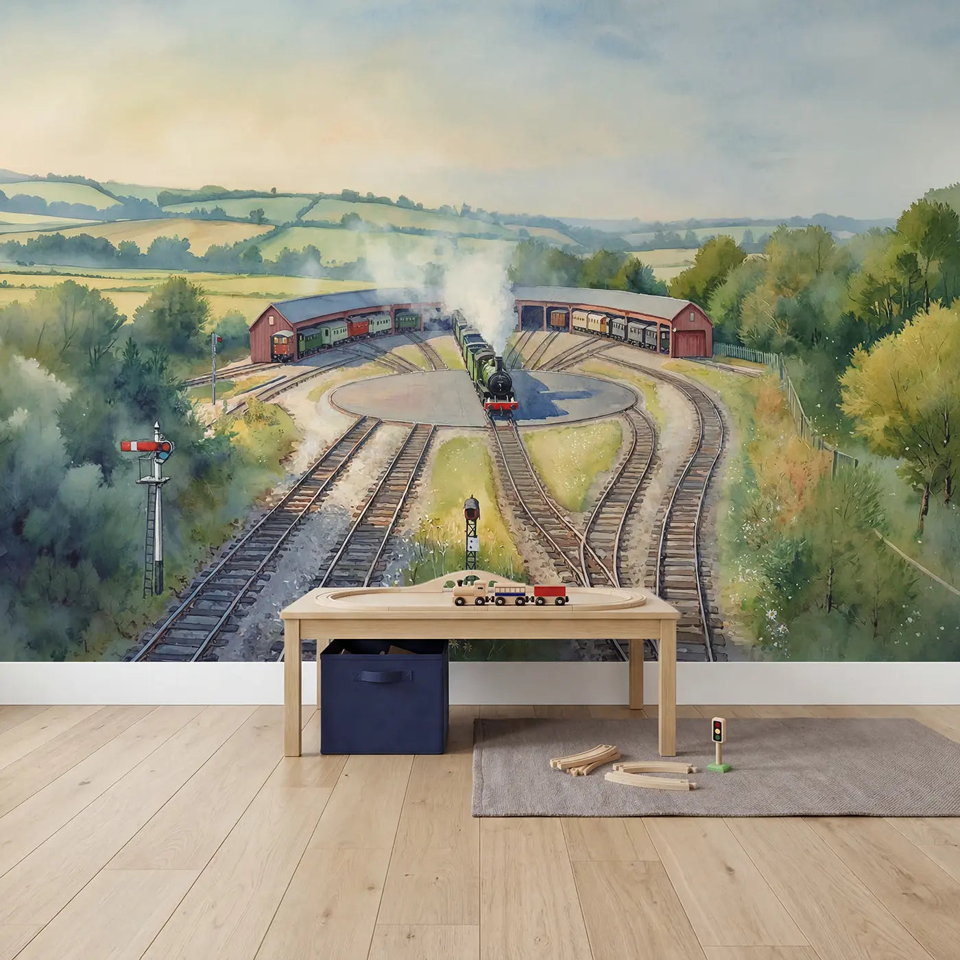 Railway Roundhouse Morning Wallpaper Mural in playroom setting by Whimsy Tots