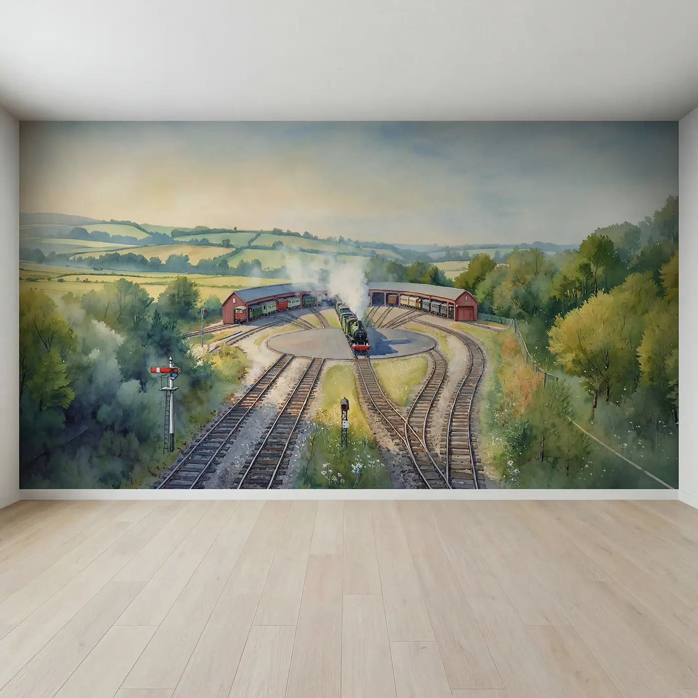 Full view of Railway Roundhouse Morning Wallpaper Mural by Whimsy Tots