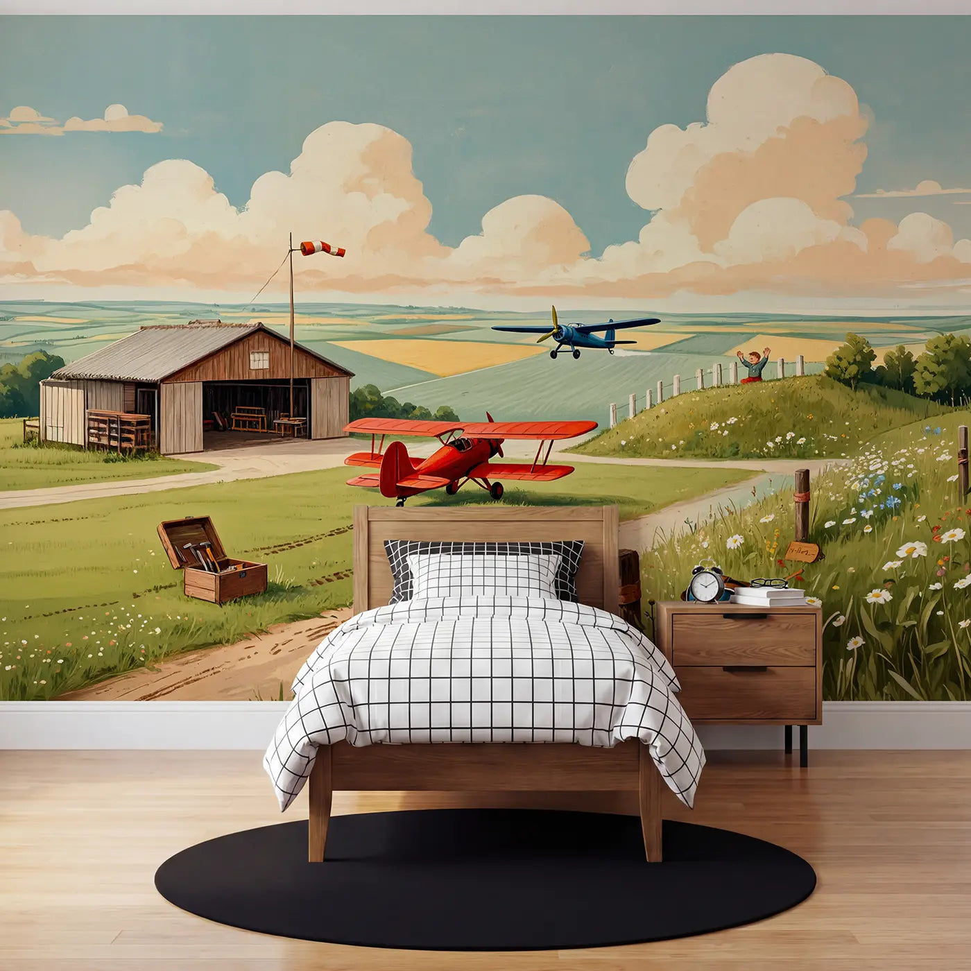 Block print biplane and propeller plane vintage wallpaper mural for kids room by Whimsy Tots