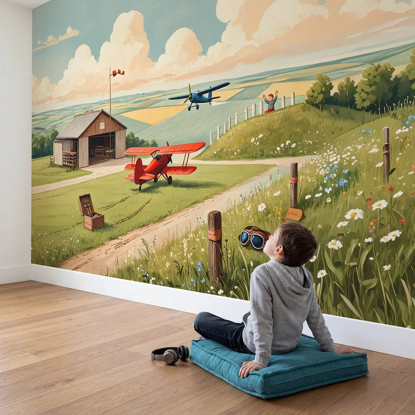 Child in nursery with Vintage Propeller Airfield Wallpaper Mural by Whimsy Tots