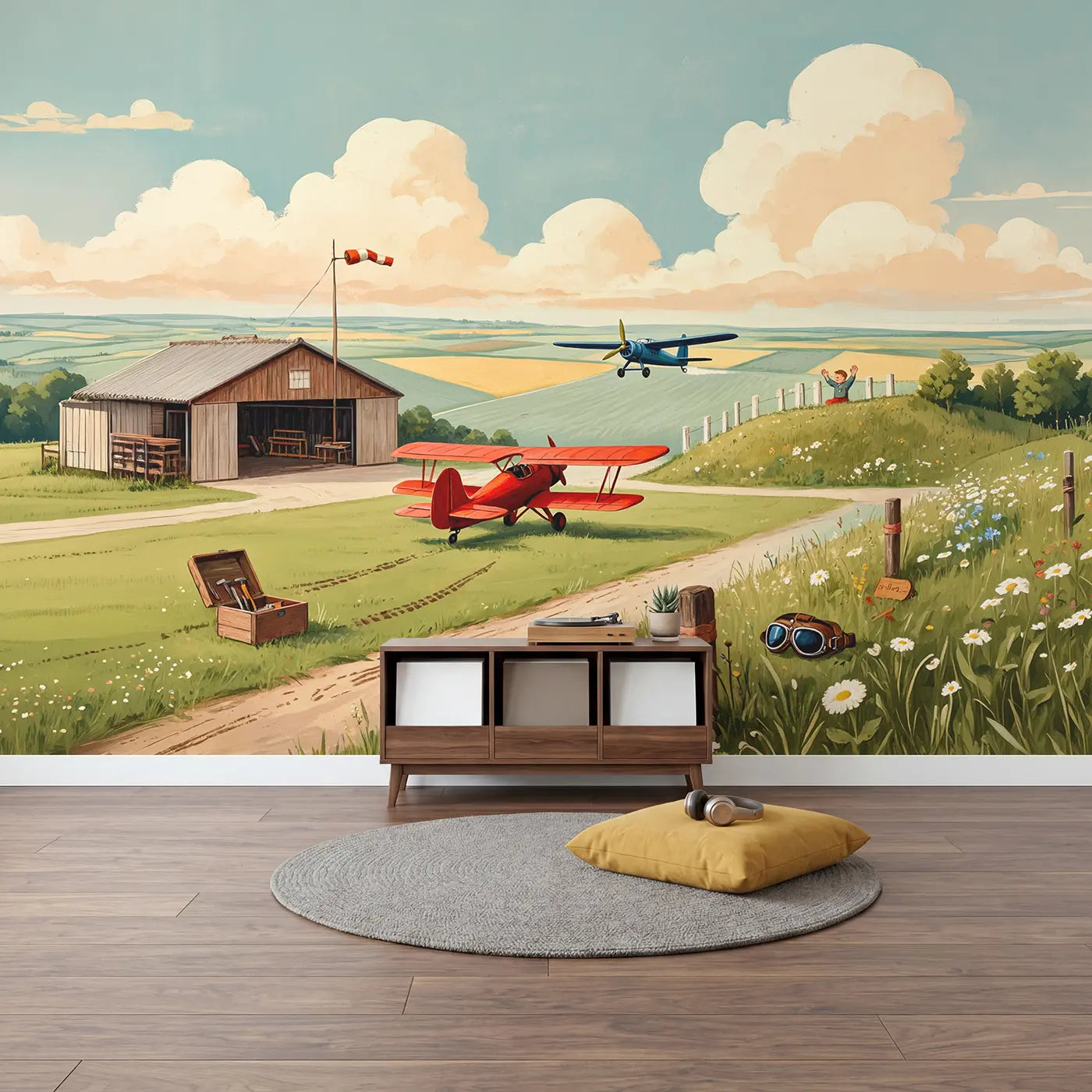 Vintage Propeller Airfield Wallpaper Mural in playroom setting by Whimsy Tots