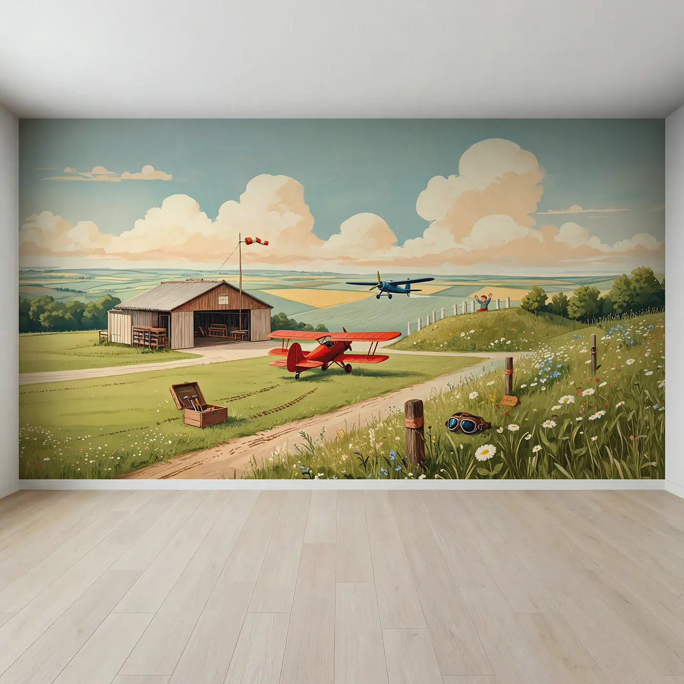 Full view of Vintage Propeller Airfield Wallpaper Mural by Whimsy Tots