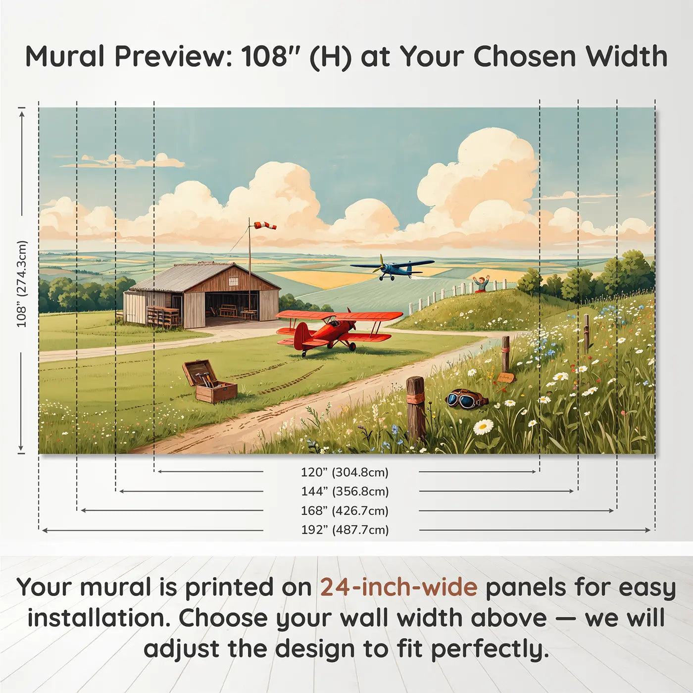 Panel layout and dimensions for Vintage Propeller Airfield Wallpaper Mural by Whimsy Tots