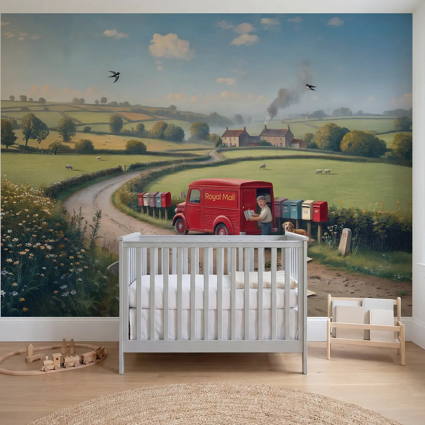 Painted landscape vintage postal van countryside wallpaper mural for kids room by Whimsy Tots