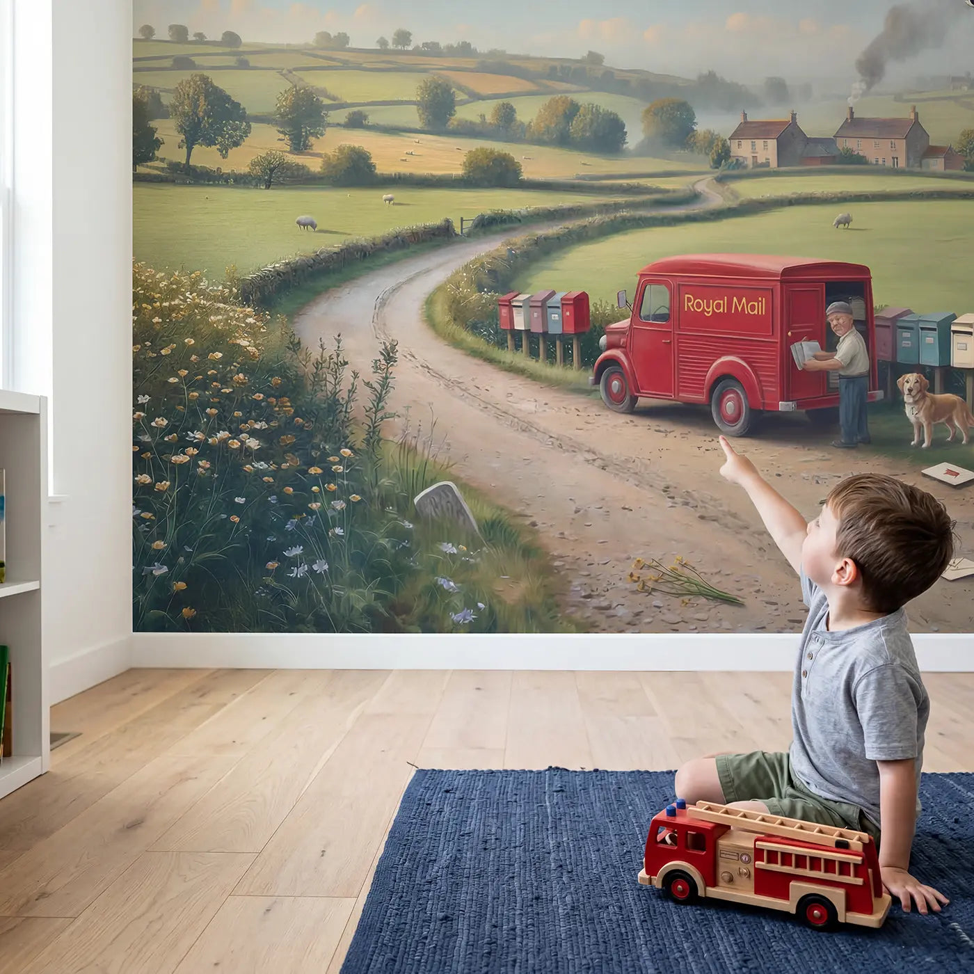 Child in nursery with Vintage Postal Van Countryside Wallpaper Mural by Whimsy Tots