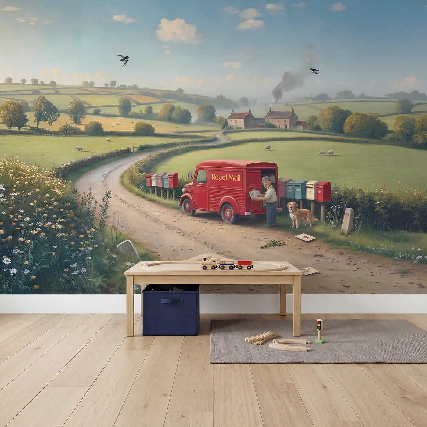 Vintage Postal Van Countryside Wallpaper Mural in playroom setting by Whimsy Tots