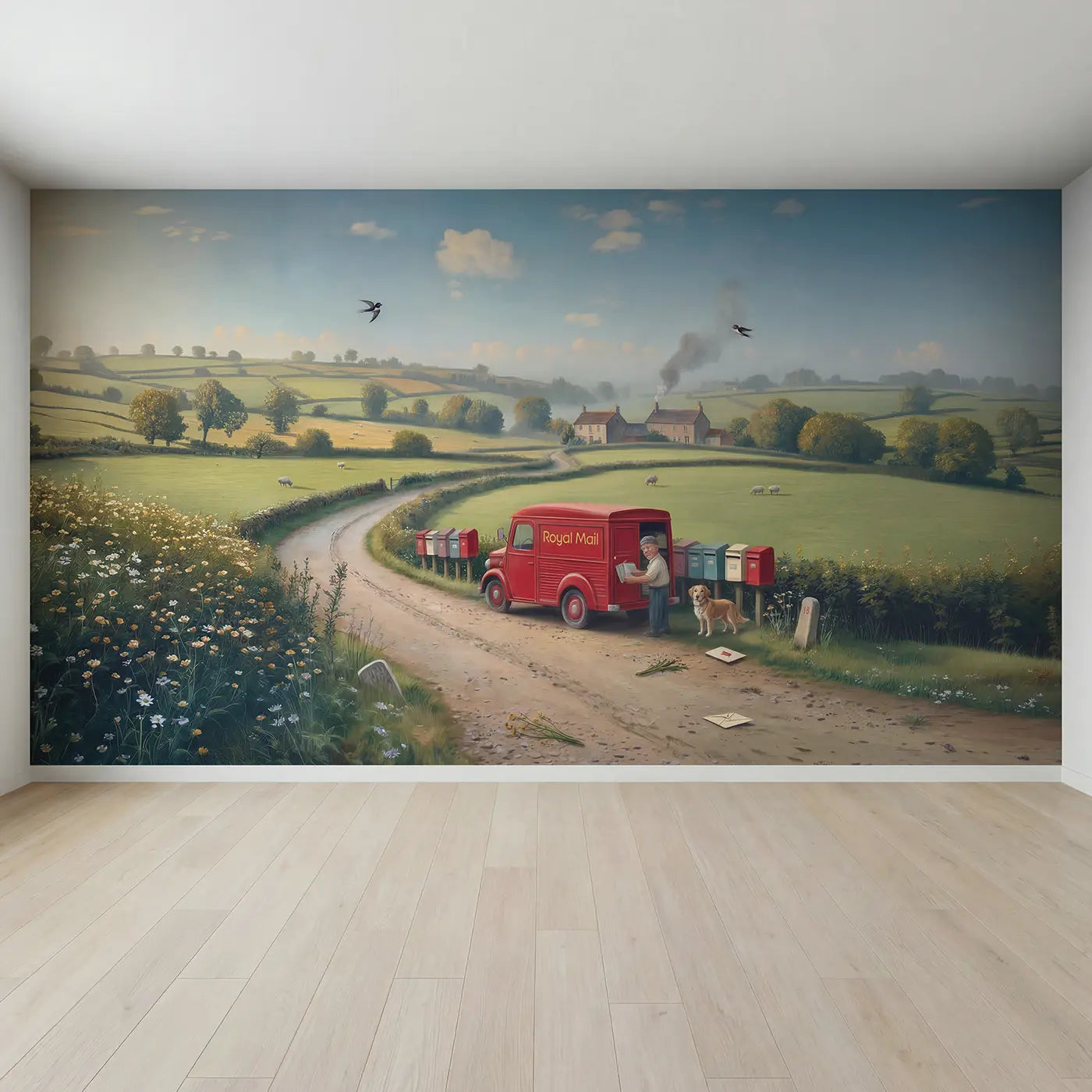 Full view of Vintage Postal Van Countryside Wallpaper Mural by Whimsy Tots