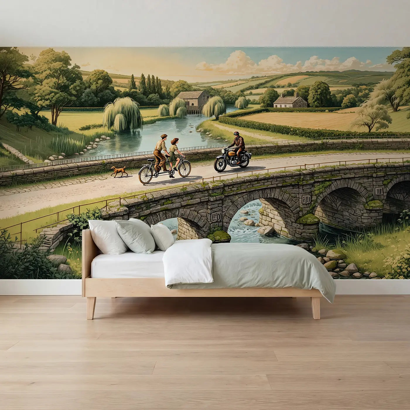 Block print tandem bicycle motorcycle bridge wallpaper mural for boys room by Whimsy Tots